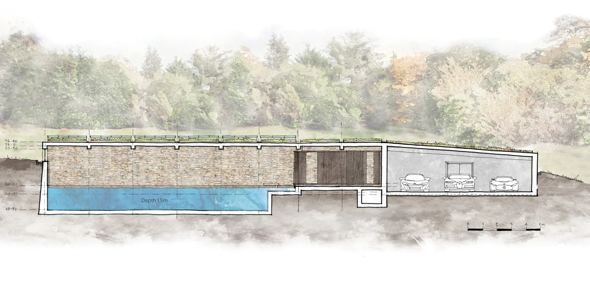 Longitudinal section through the residential pool and concealed car park, showing how the building sits discreetly within the landscape.