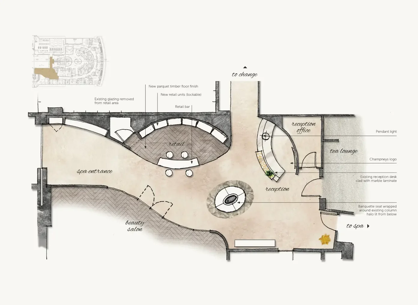 Detailed plan of the spa entrance and arrival area, including access to the hair and beauty salon.