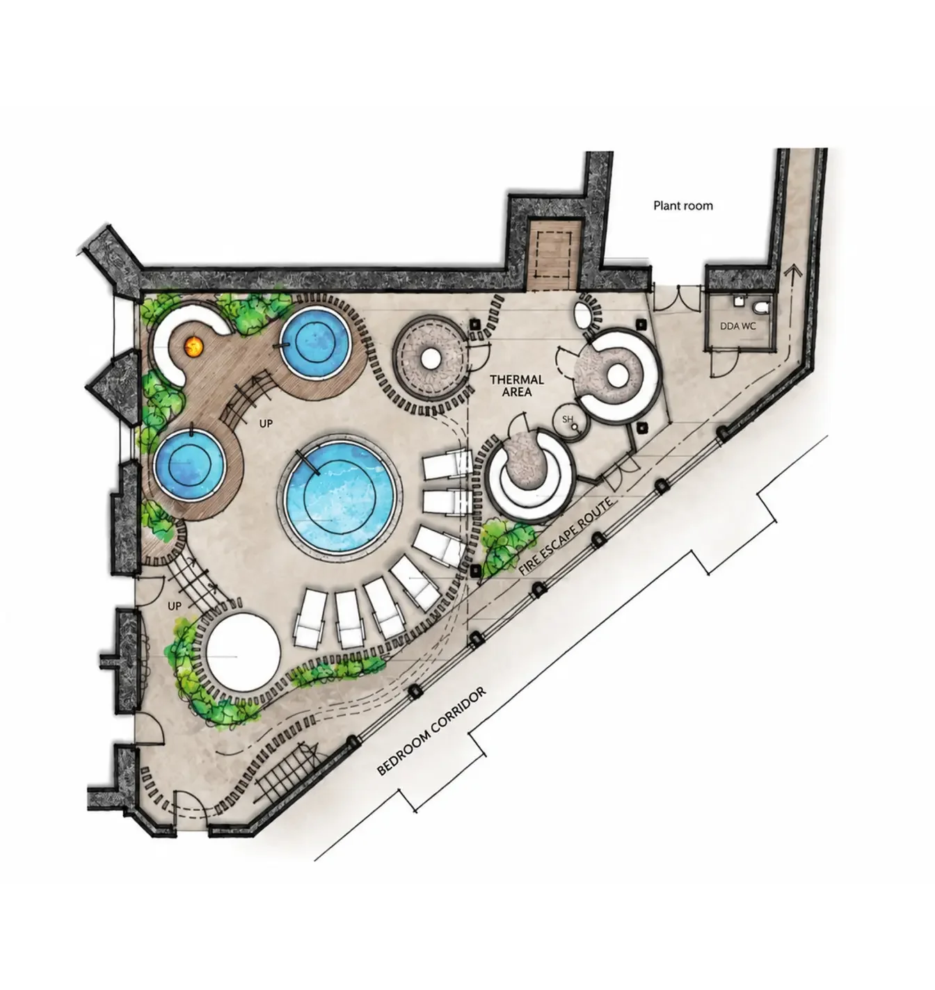 Commercial spa floor plan showing thermal and hydrotherapy experiences, relaxation areas and guest circulation.
