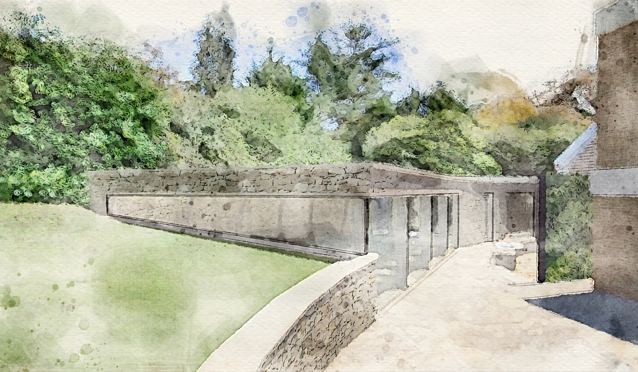 e  Residential pool and wellness building integrated into the landscape with dry stone walls, a green roof and slot glazing.