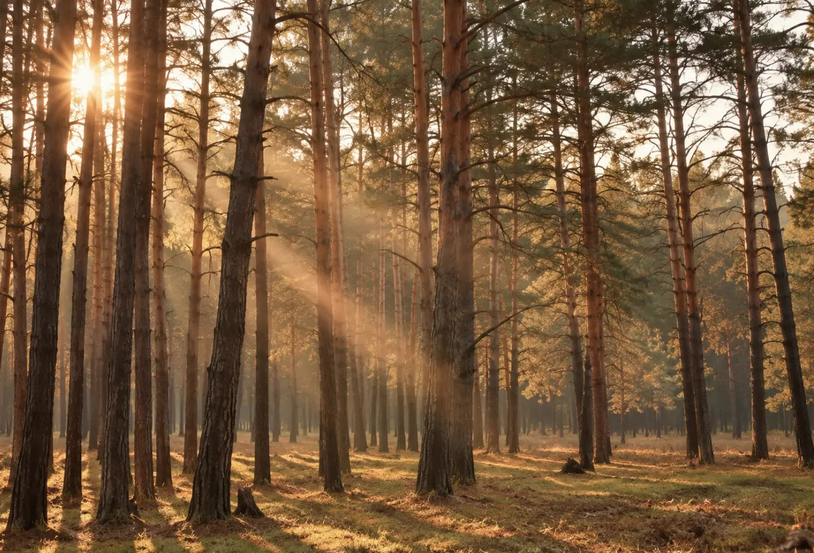 Sunlight filtering through a pine forest, the natural inspiration behind Butterscotch Design’s woodland-inspired spa concept at Champneys Forest Mere.