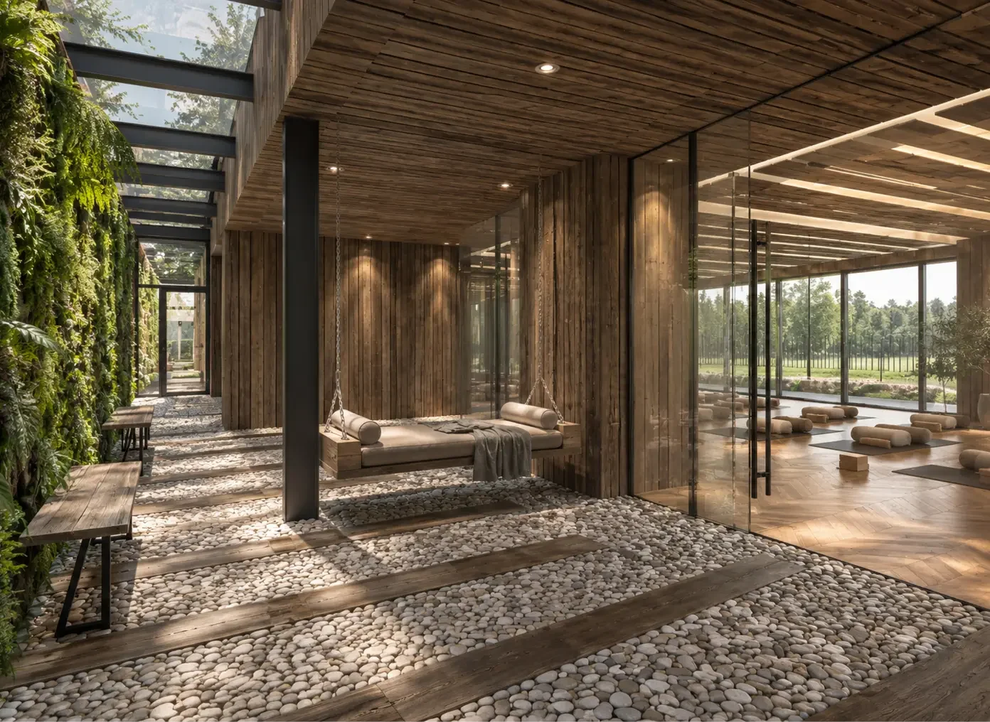 Concept visualisation of the gym and wellness space at Champneys Henlow with natural materials, planting and views outside.