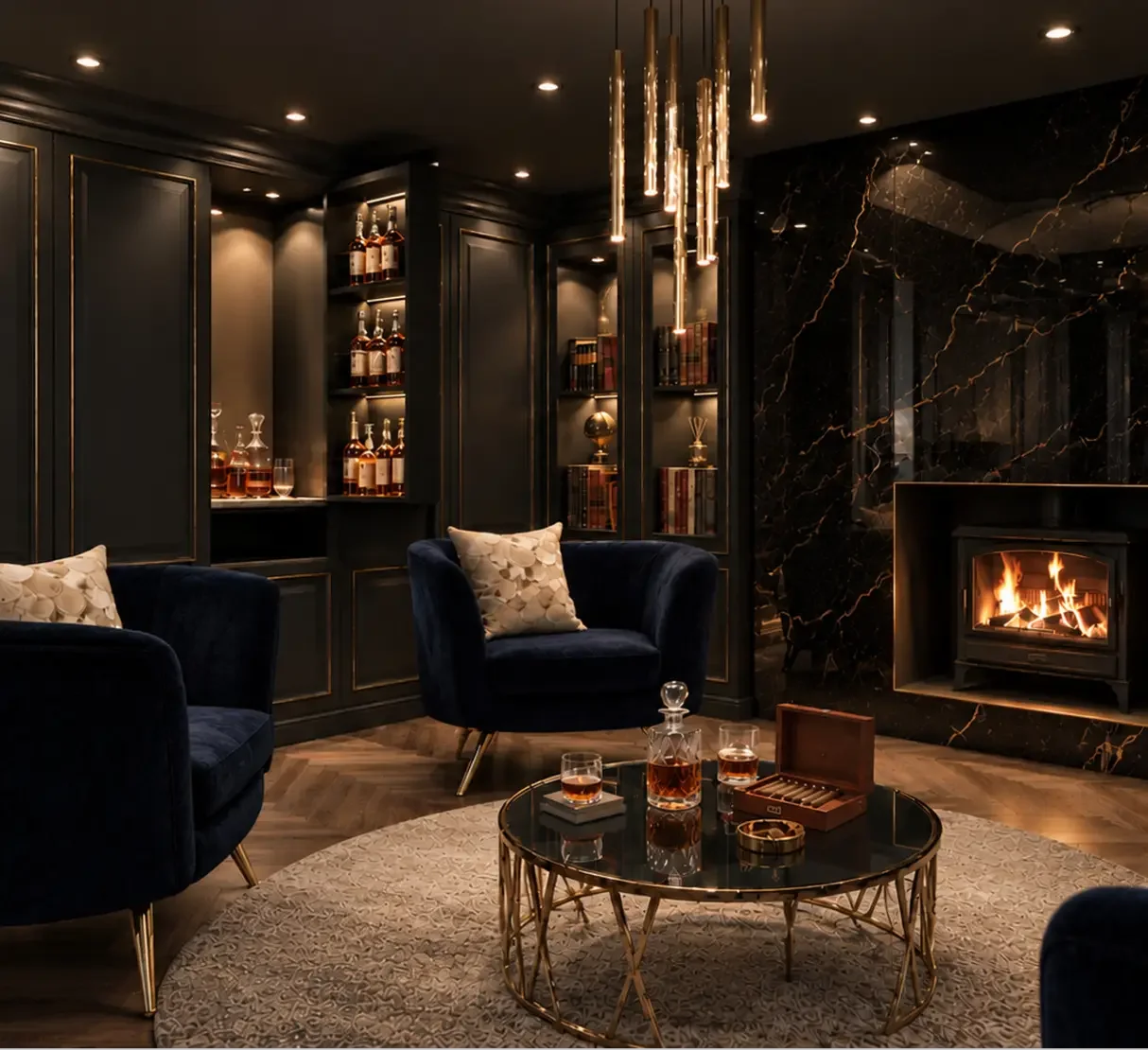 Moody private cigar lounge featuring dark panelled walls, navy velvet armchairs, bespoke cabinetry, marble fireplace and warm brass detailing.