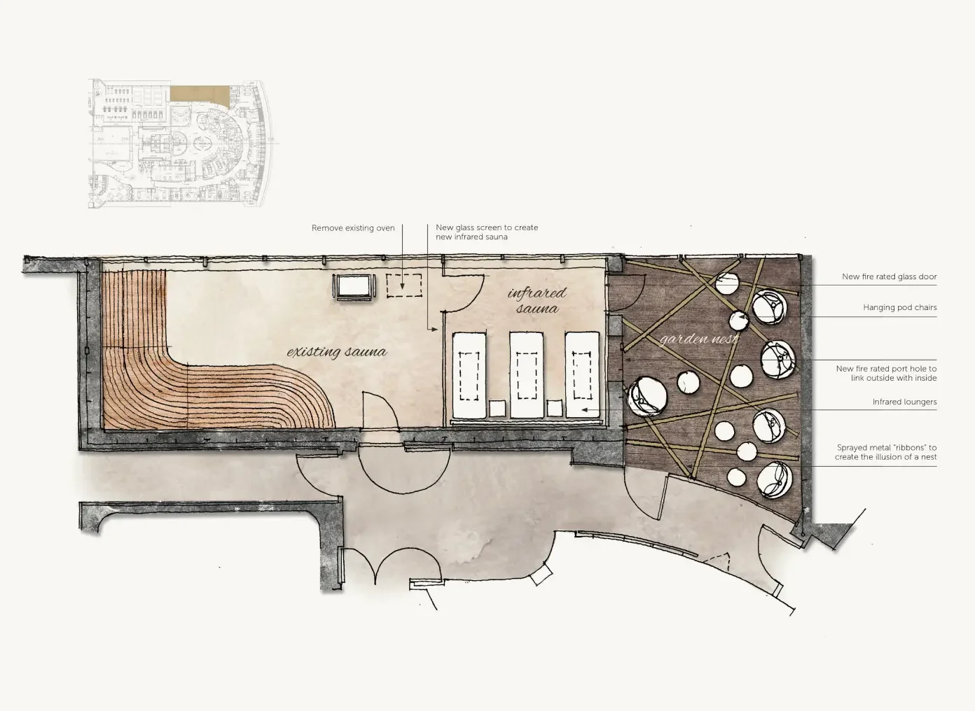Detailed plan of the thermal suite showing the sauna and relaxation area with individual pod loungers.
