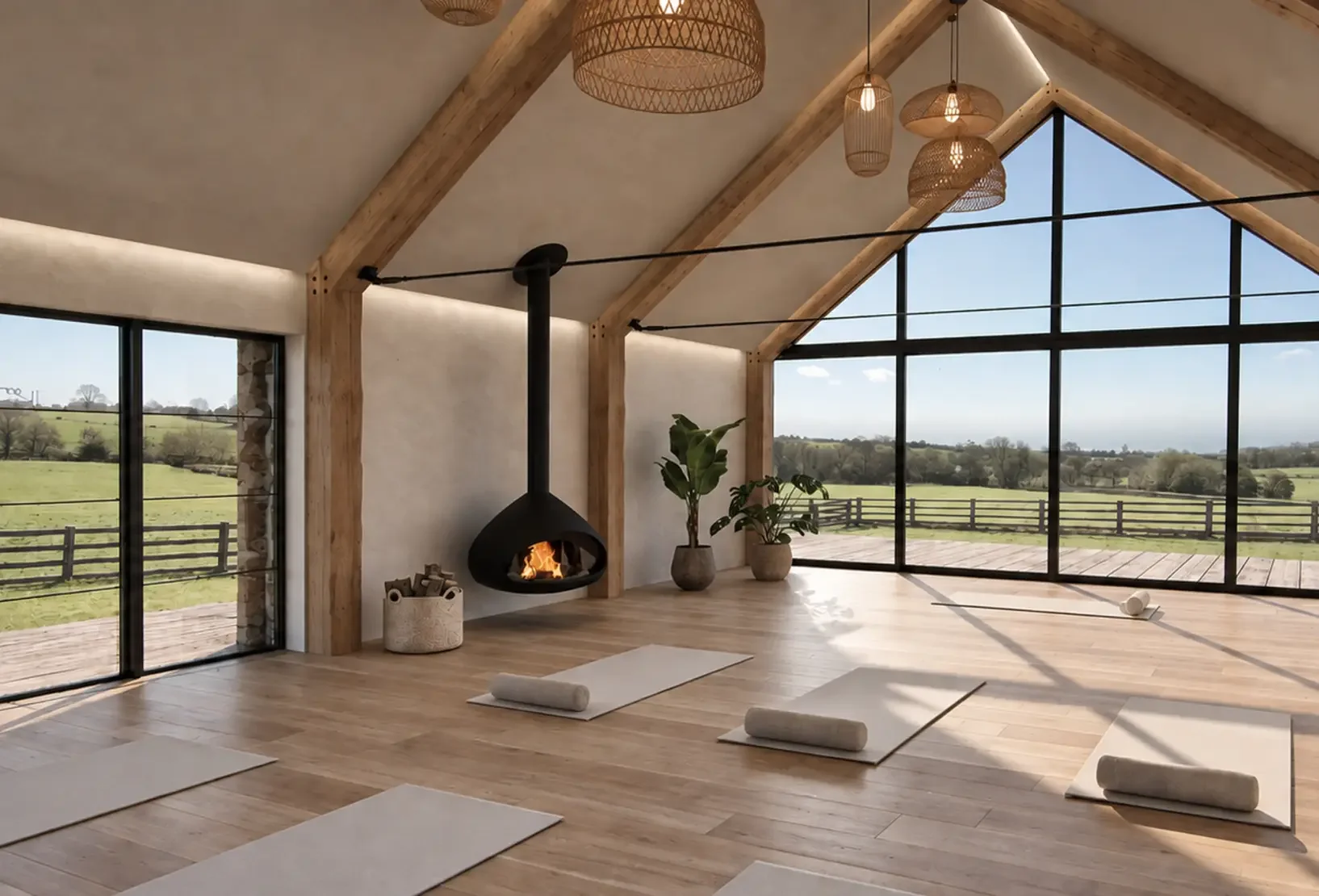 Yoga studio concept at Homefield Grange overlooking the Northamptonshire countryside