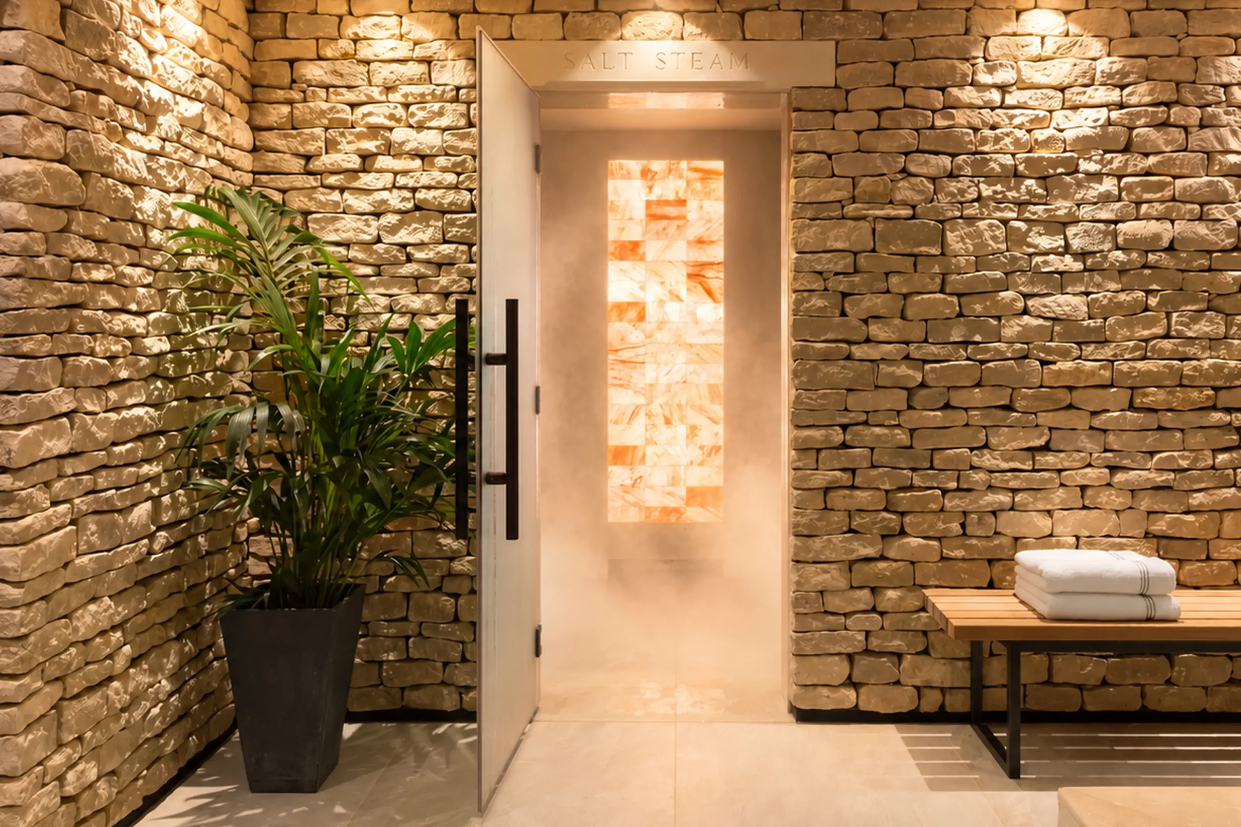 Himalayan salt steam room at Homefield Grange, featuring natural stone walls and a softly illuminated salt wall.