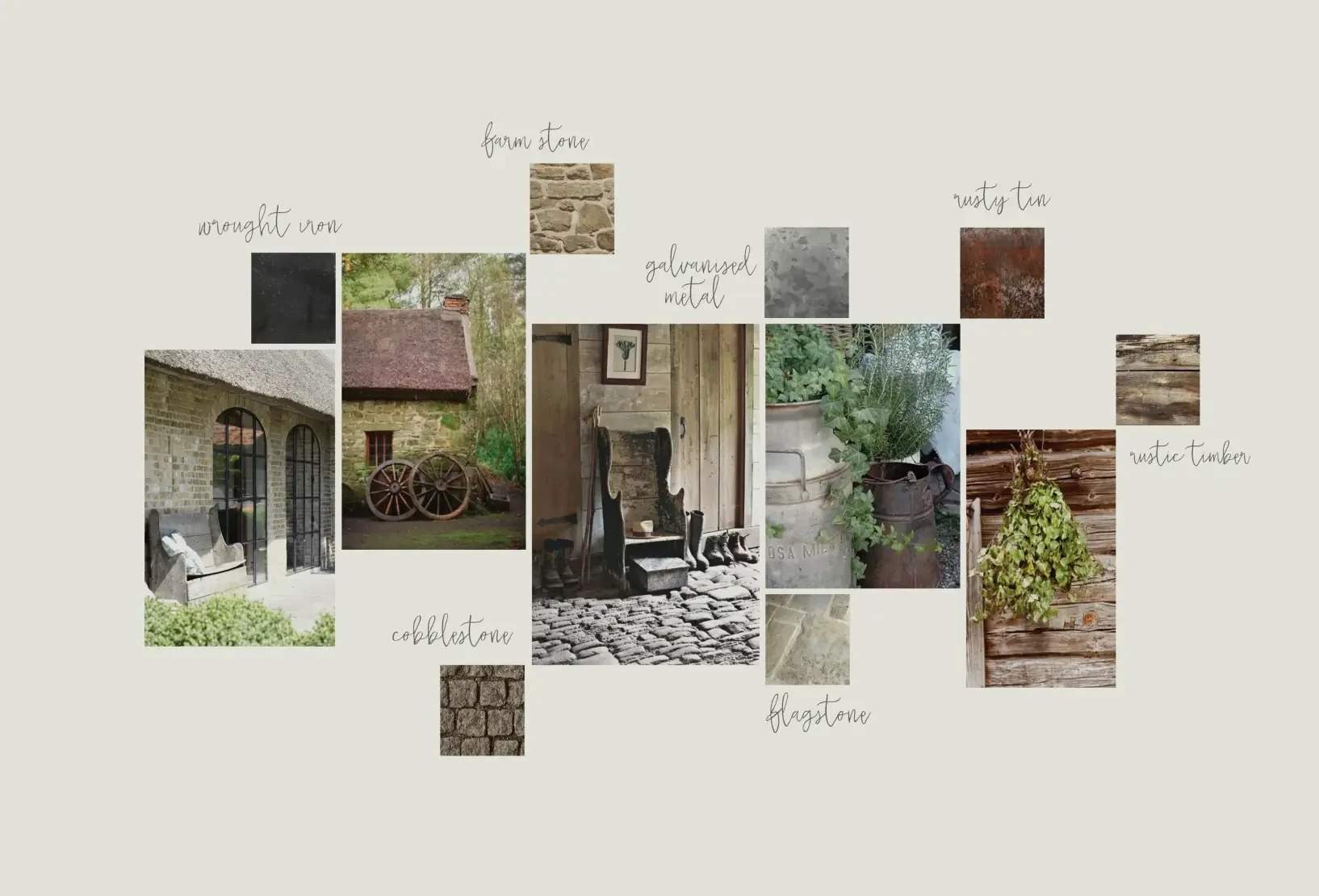 Homefield Grange creative concept mood board exploring farmhouse heritage, rustic materials and natural textures that shaped the spa’s brand experience.