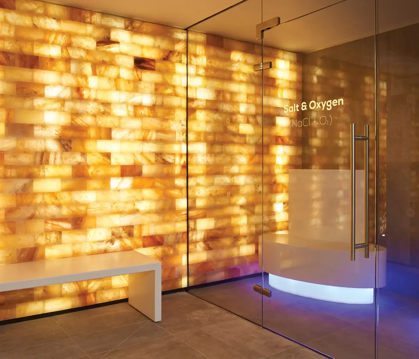 Illuminated Himalayan salt wall and oxygen room at Champneys Tring.