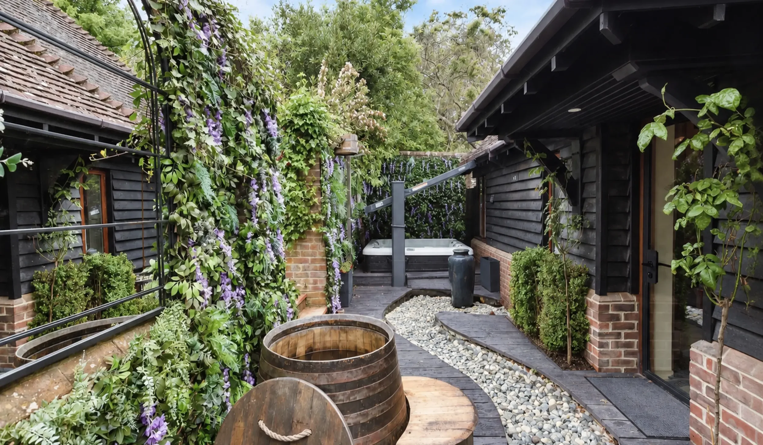 Rose Spa outdoor spa area at Quob Park Estate overlooking the Hampshire countryside