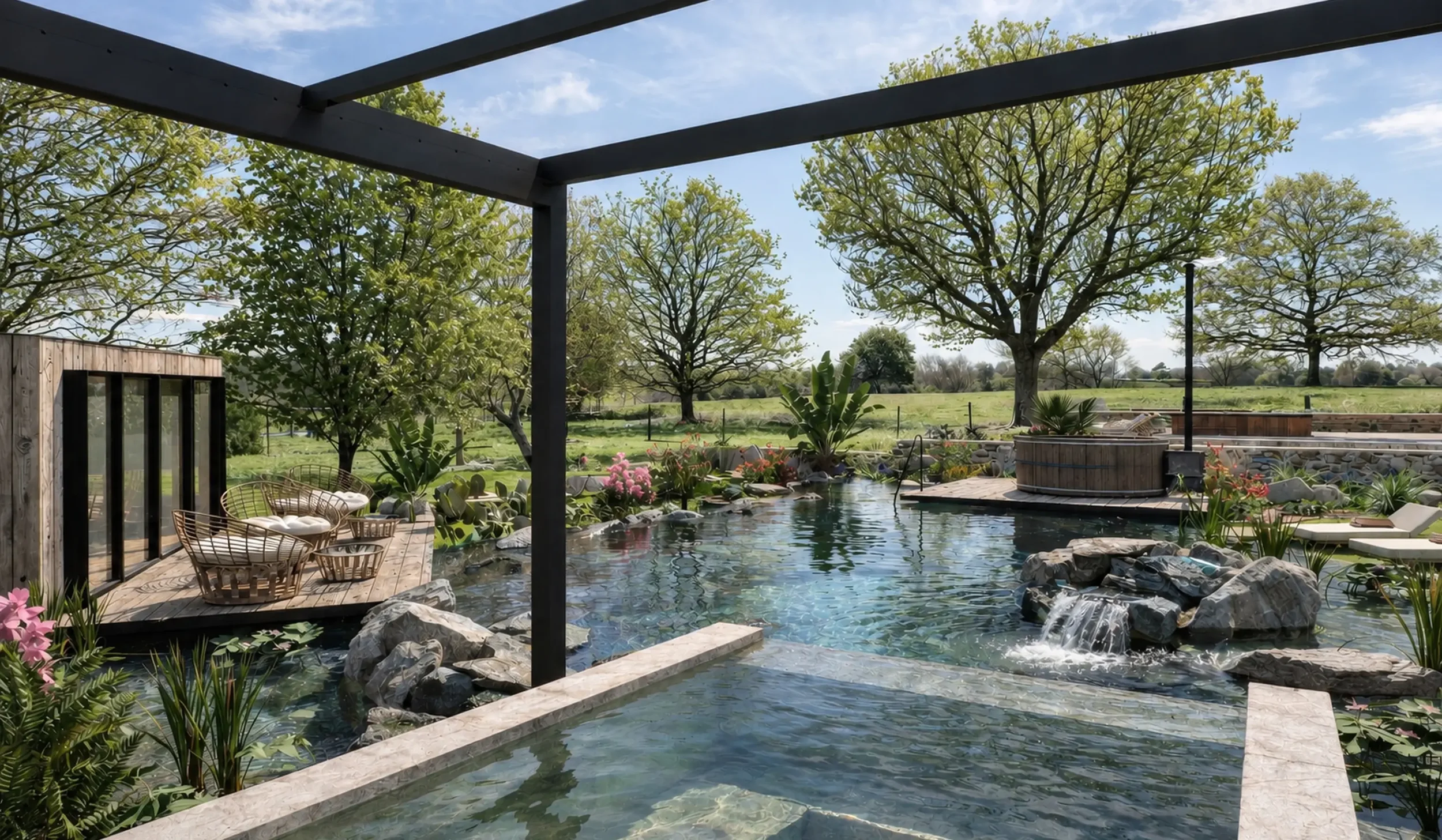 Homefield Grange spa garden with natural swimming pool, hydrotherapy areas and countryside views