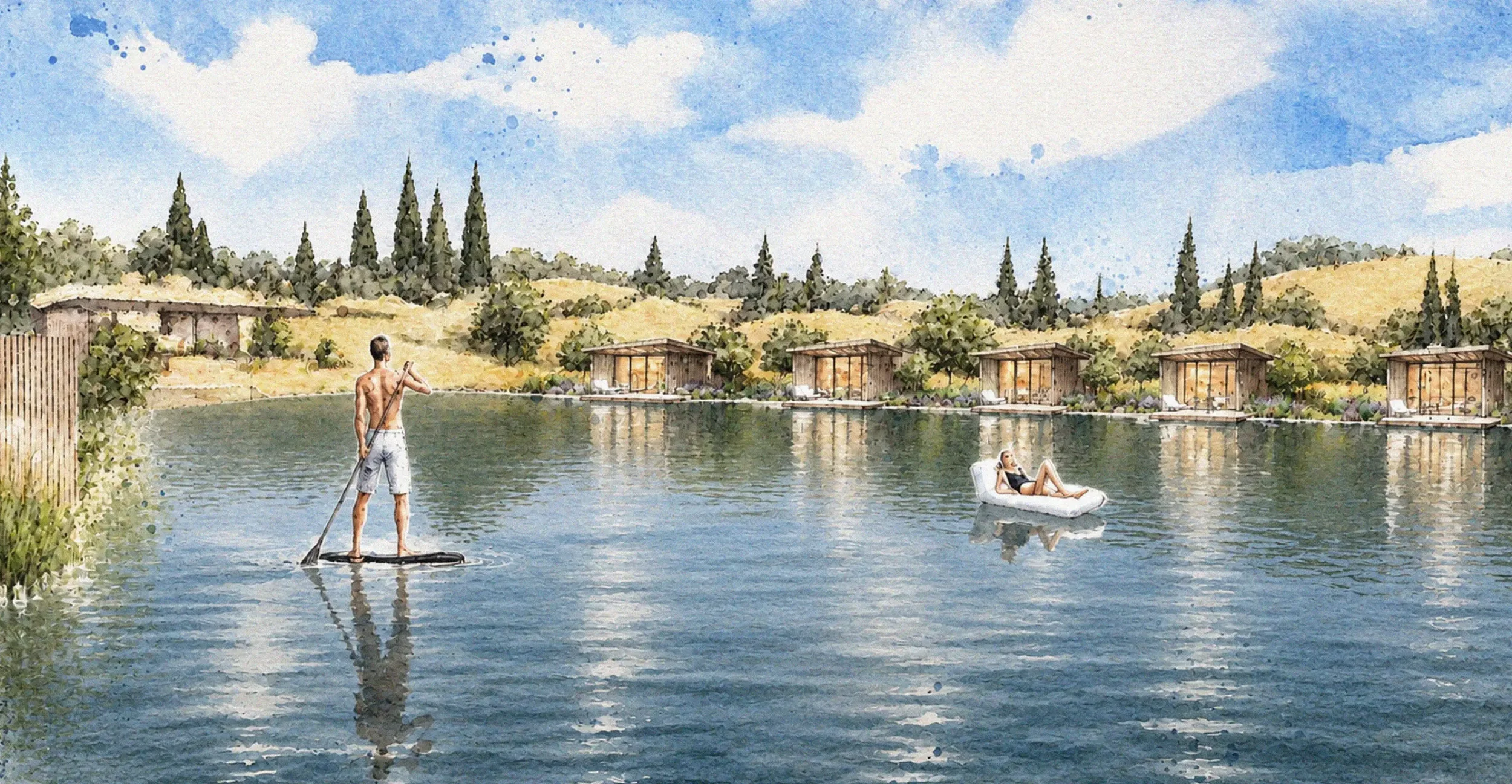 Watercolour concept showing private timber treatment pods positioned along the lake at Silverlake Spa.