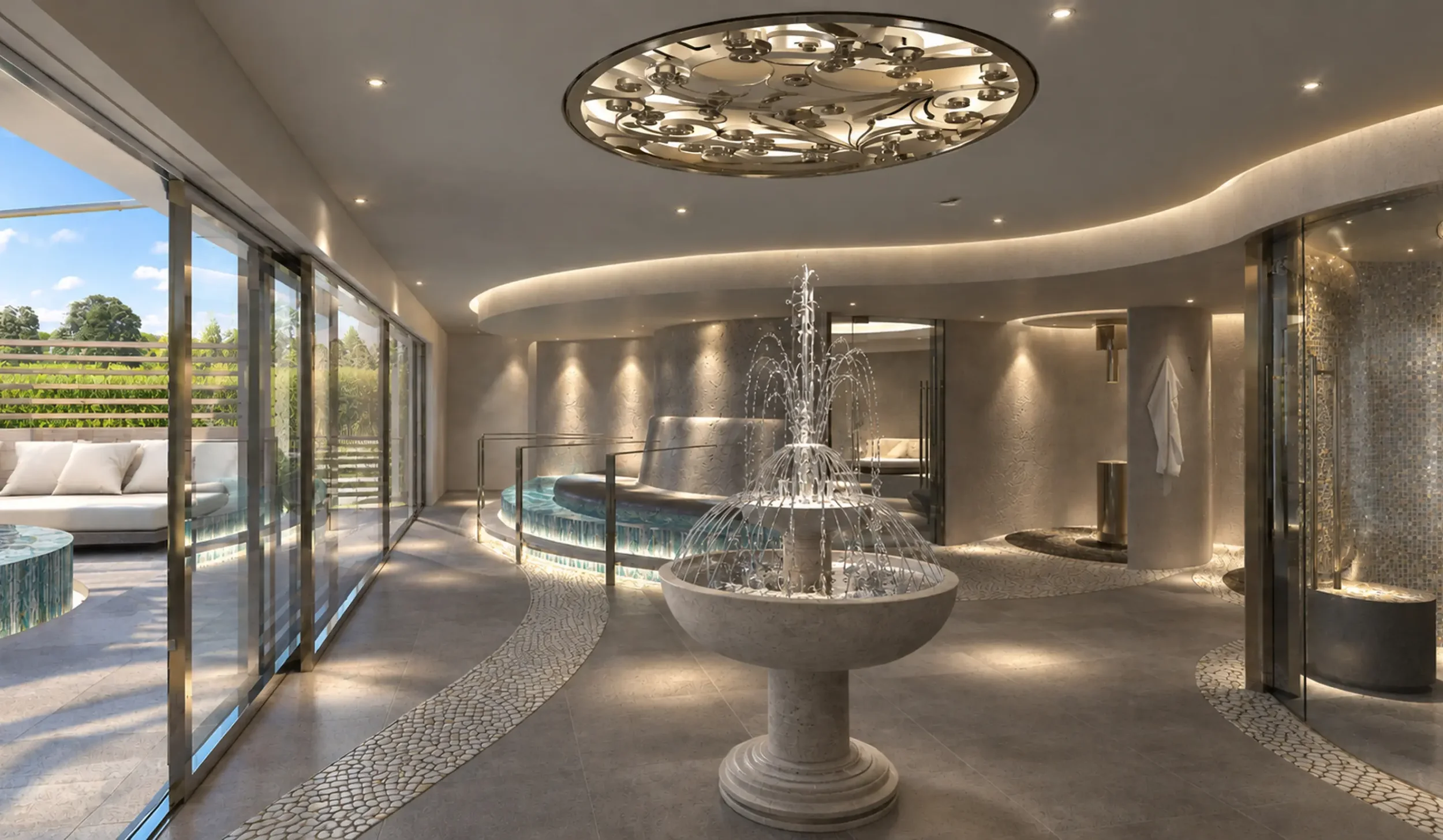 Thermal suite design with sensory water experiences at Champneys Henlow.