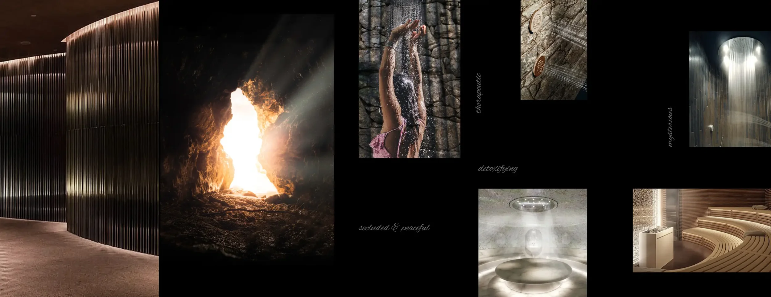 Thermal suite concept mood board for Dromoland Castle, exploring stone, timber, sauna, steam and sensory experiences.