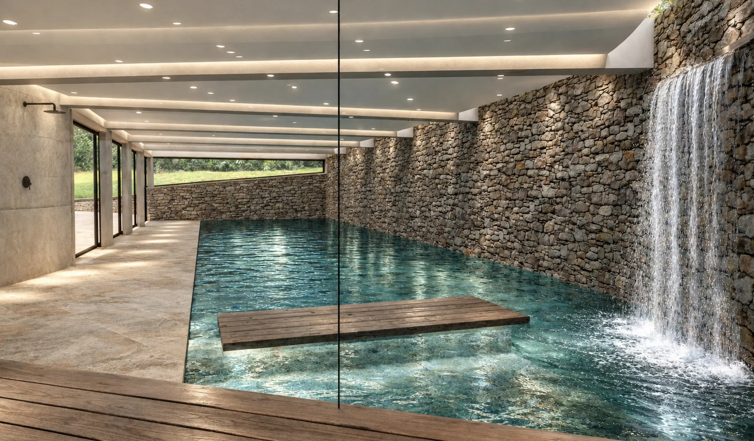 Concept visualisation of an indoor swimming pool at a private residential property with a wooden platform, stone wall with waterfall feature, large windows, and modern ceiling lighting.