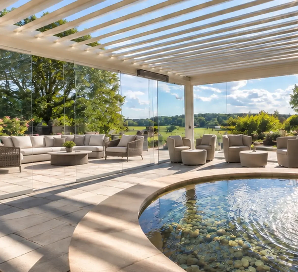 View across the countryside from the covered outdoor relaxation space with retractable louvred roof.