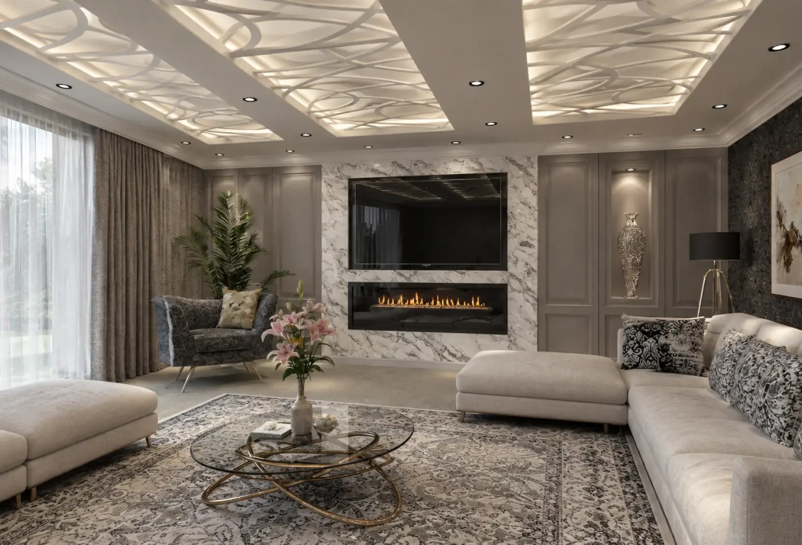 Elegant living room in a private New Forest residence, featuring bespoke coffered ceiling with integrated lighting, contemporary fireplace and luxurious neutral furnishings.