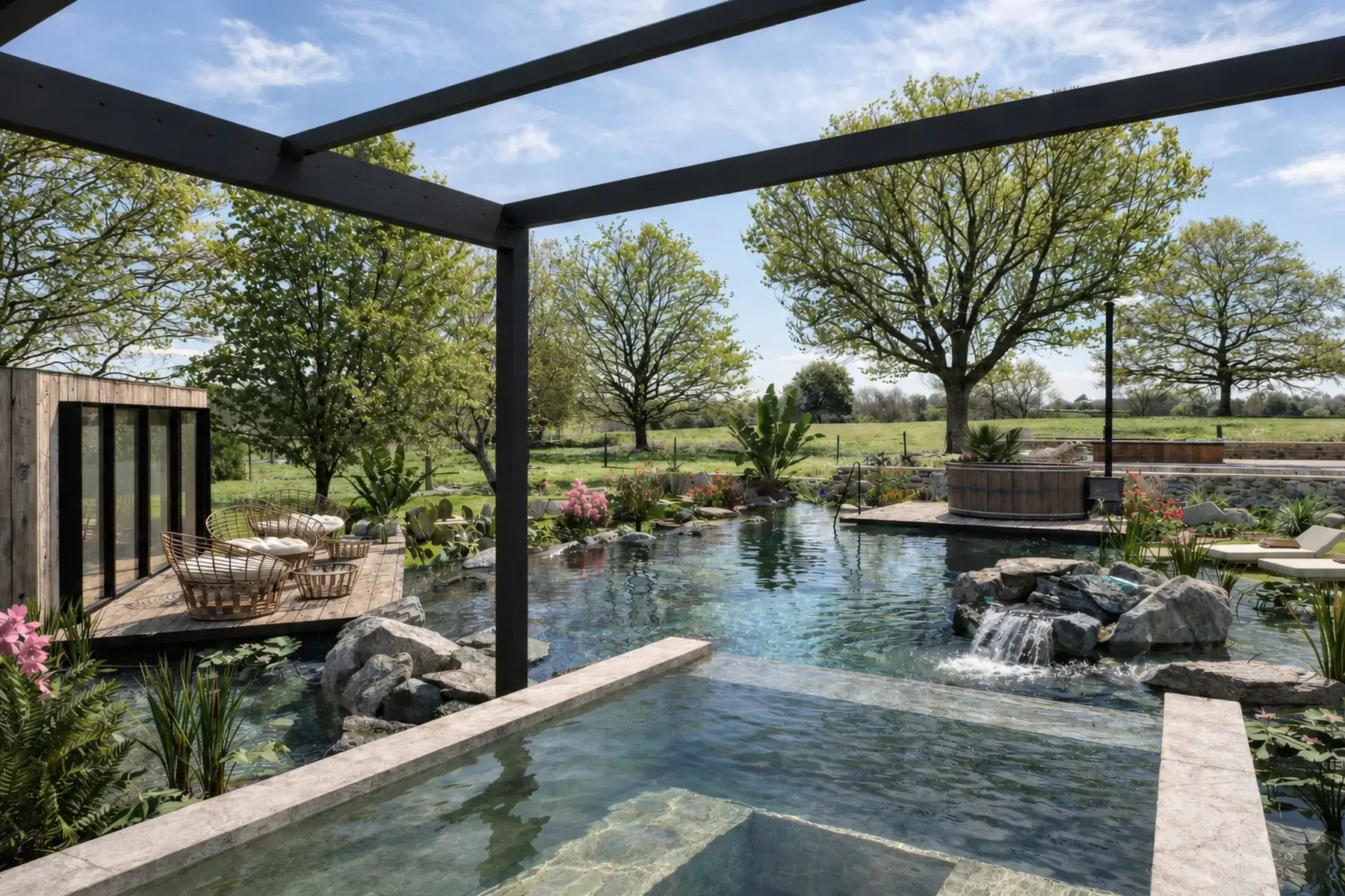 Natural swimming pool with integrated hydrotherapy pools and cold therapy at Homefield Grange.