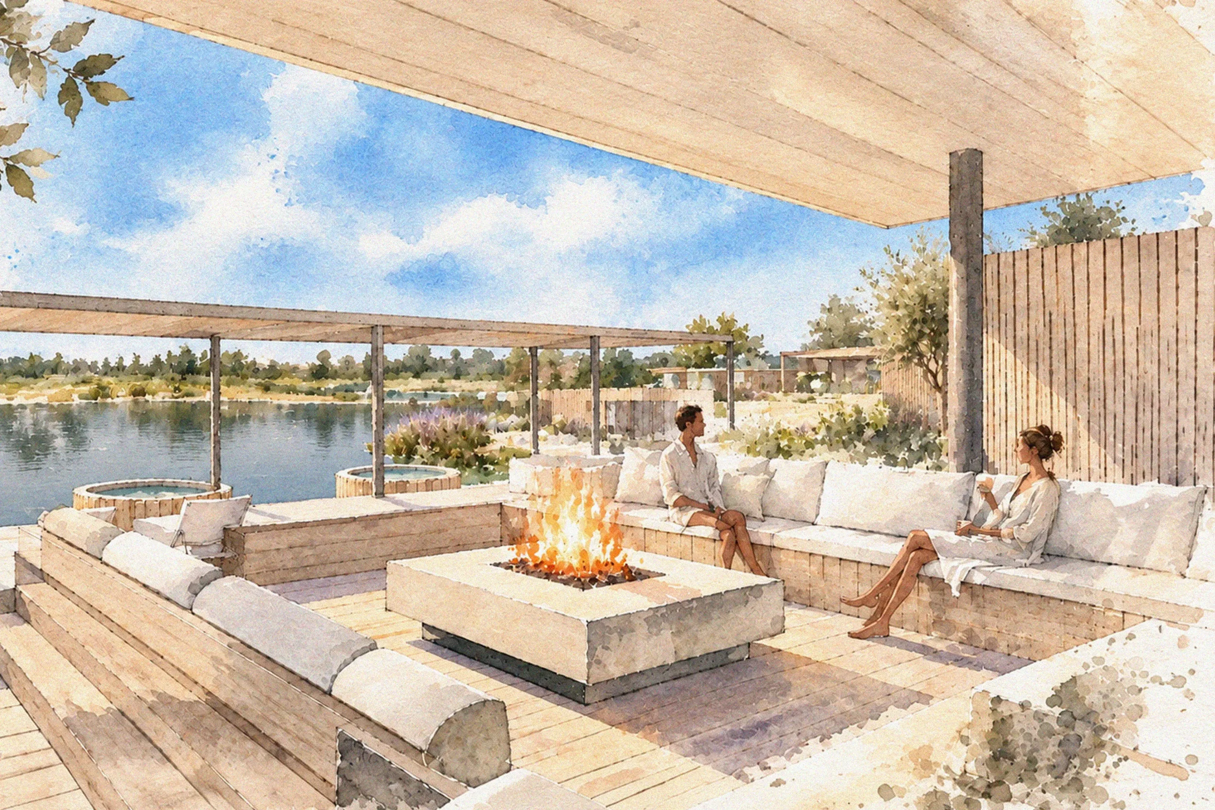 Watercolour concept of Silverlake Spa’s alfresco thermal area, with lakeside hot tubs, fire pit seating and outdoor relaxation spaces.
