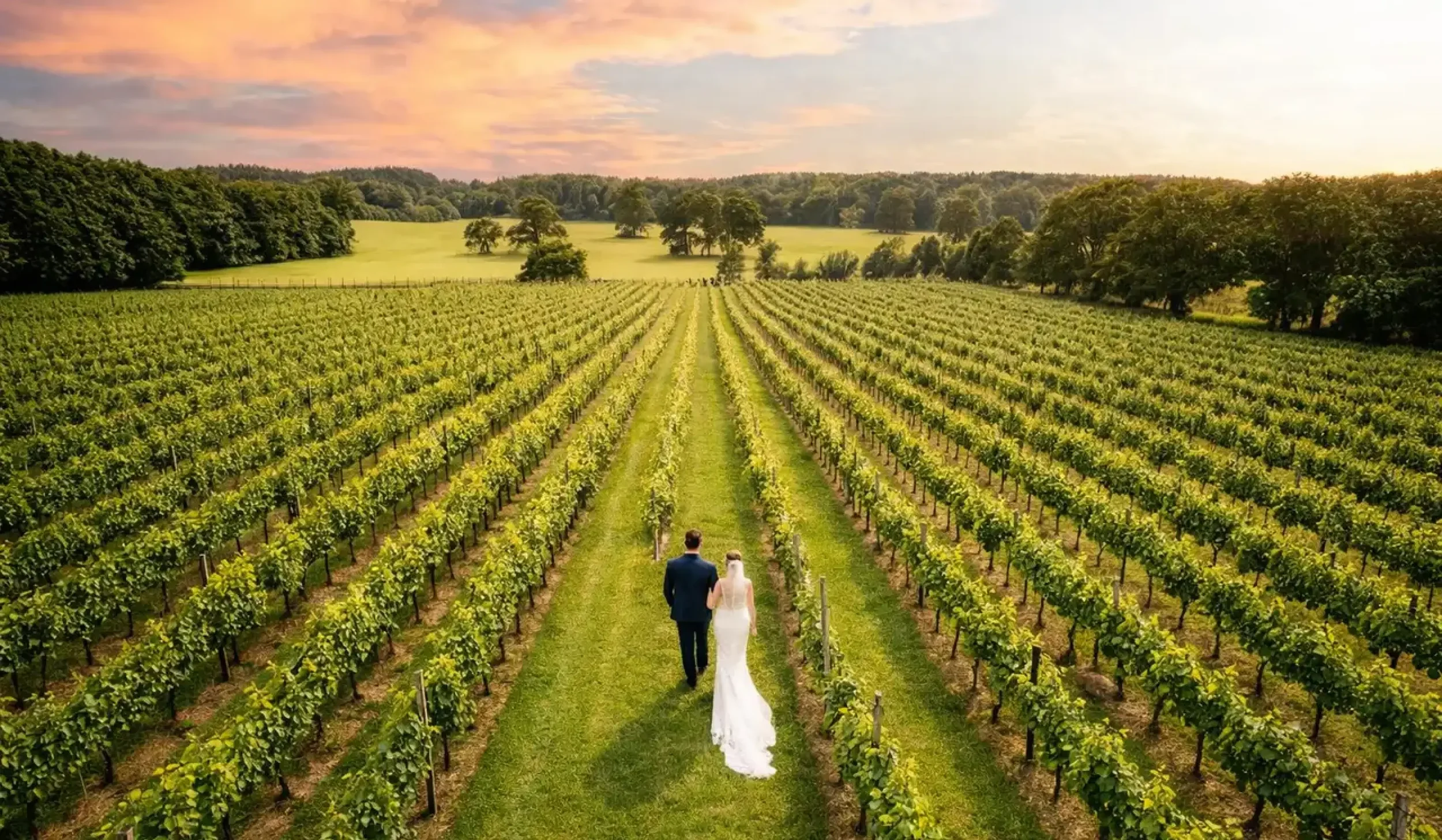 Bride and groom walking through the Quob Park vineyards, reflecting the Farmhouse Retreat’s wider wedding experience.