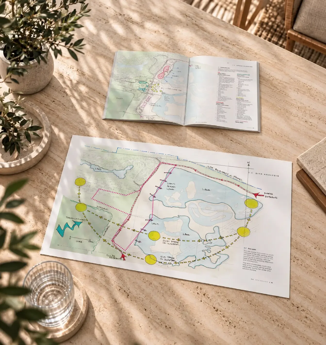 A detailed site analysis map and a landscape plan showing spa feasibility planning stage with Butterscotch Design with potted plants  sunlight casting shadows across the table.