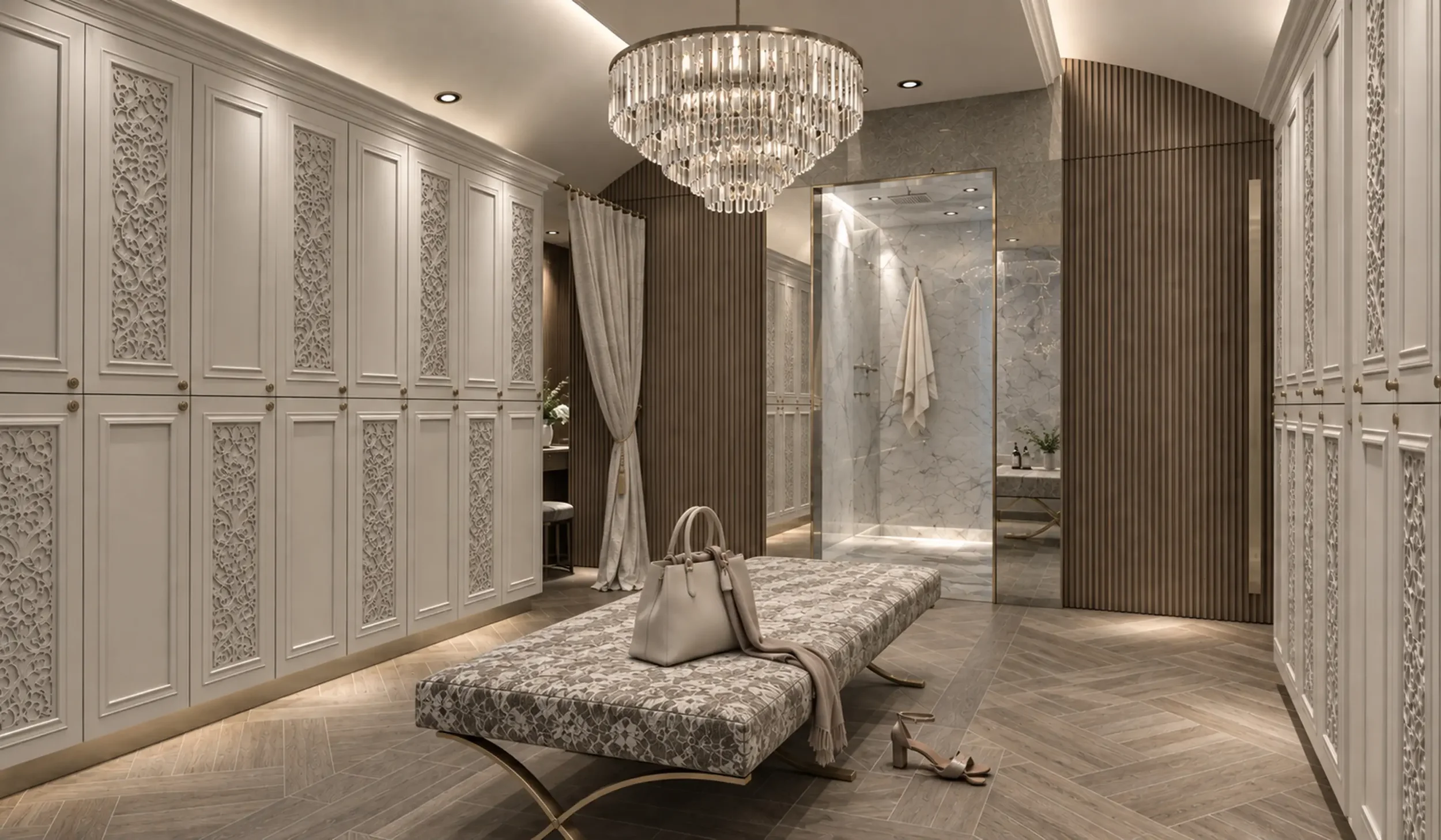 Dromoland Castle spa changing room concept with bespoke laser-cut locker fronts