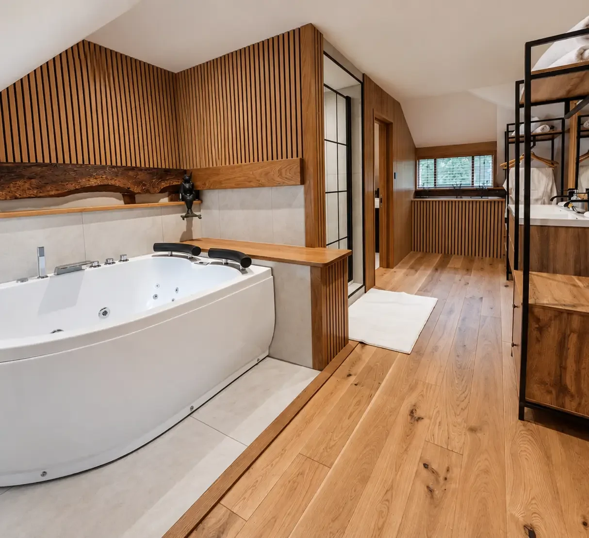 Farmhouse Retreat bathroom with warm timber finishes, bespoke joinery and a freestanding bath.