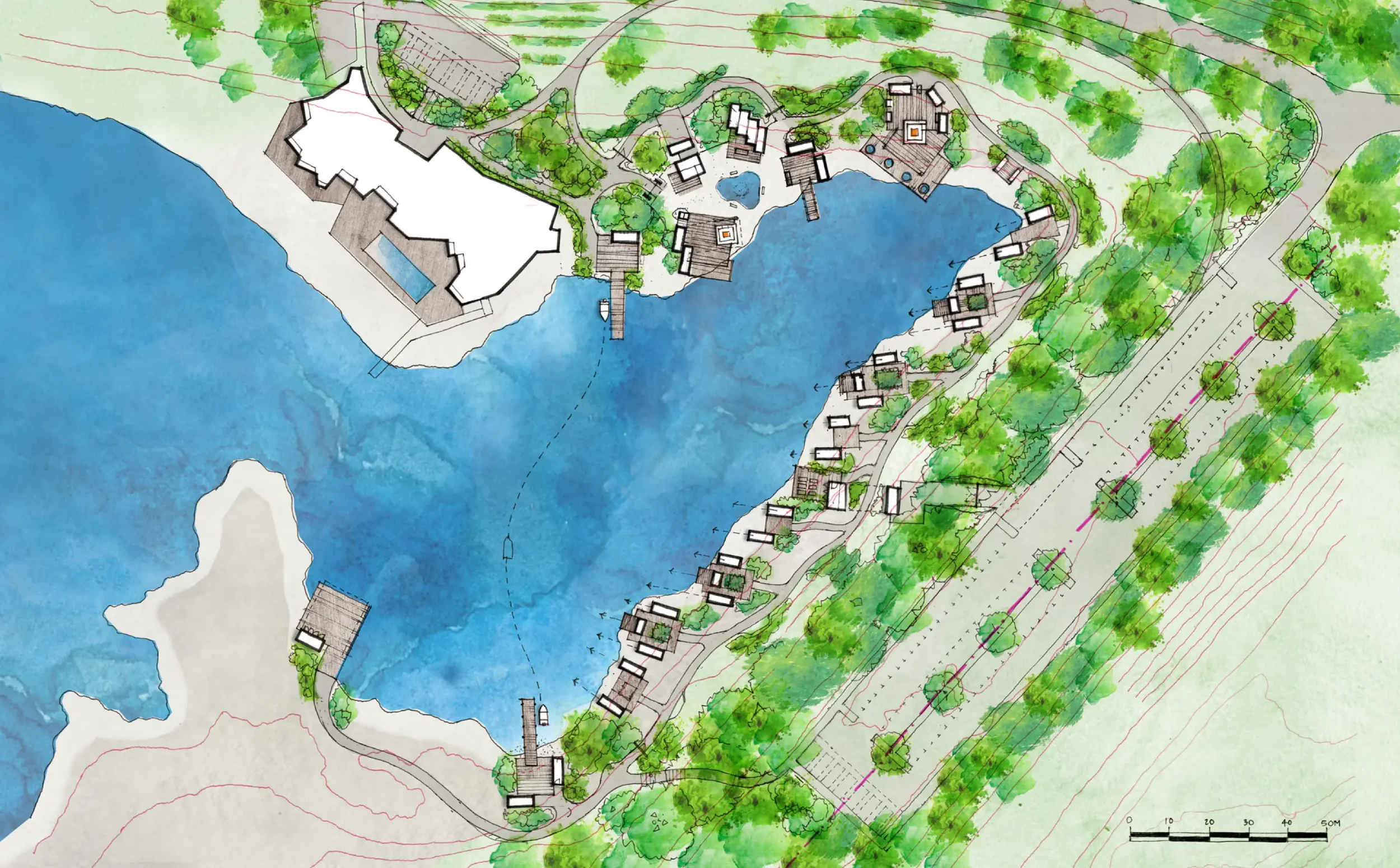 Concept masterplan showing proposed spa buildings, treatment spaces and lakeside wellness facilities at Silverlake.