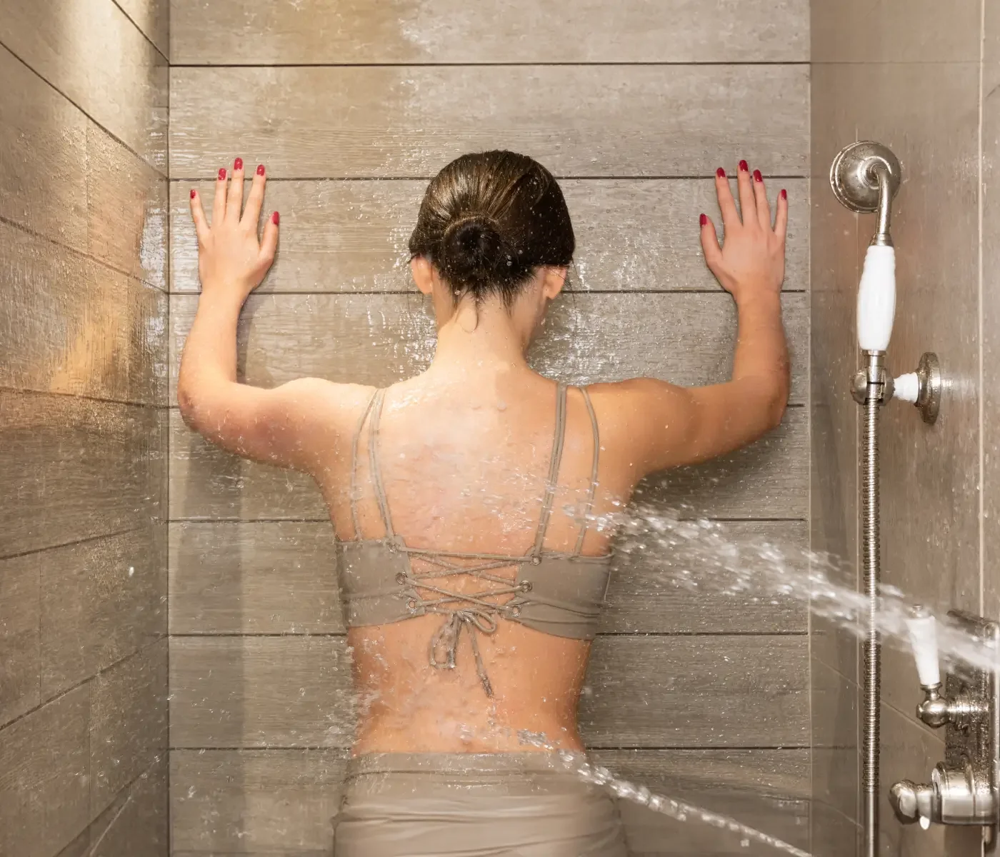 Charcot pressure-jet shower at Homefield Grange, used for invigorating hydrotherapy and contrast treatments.