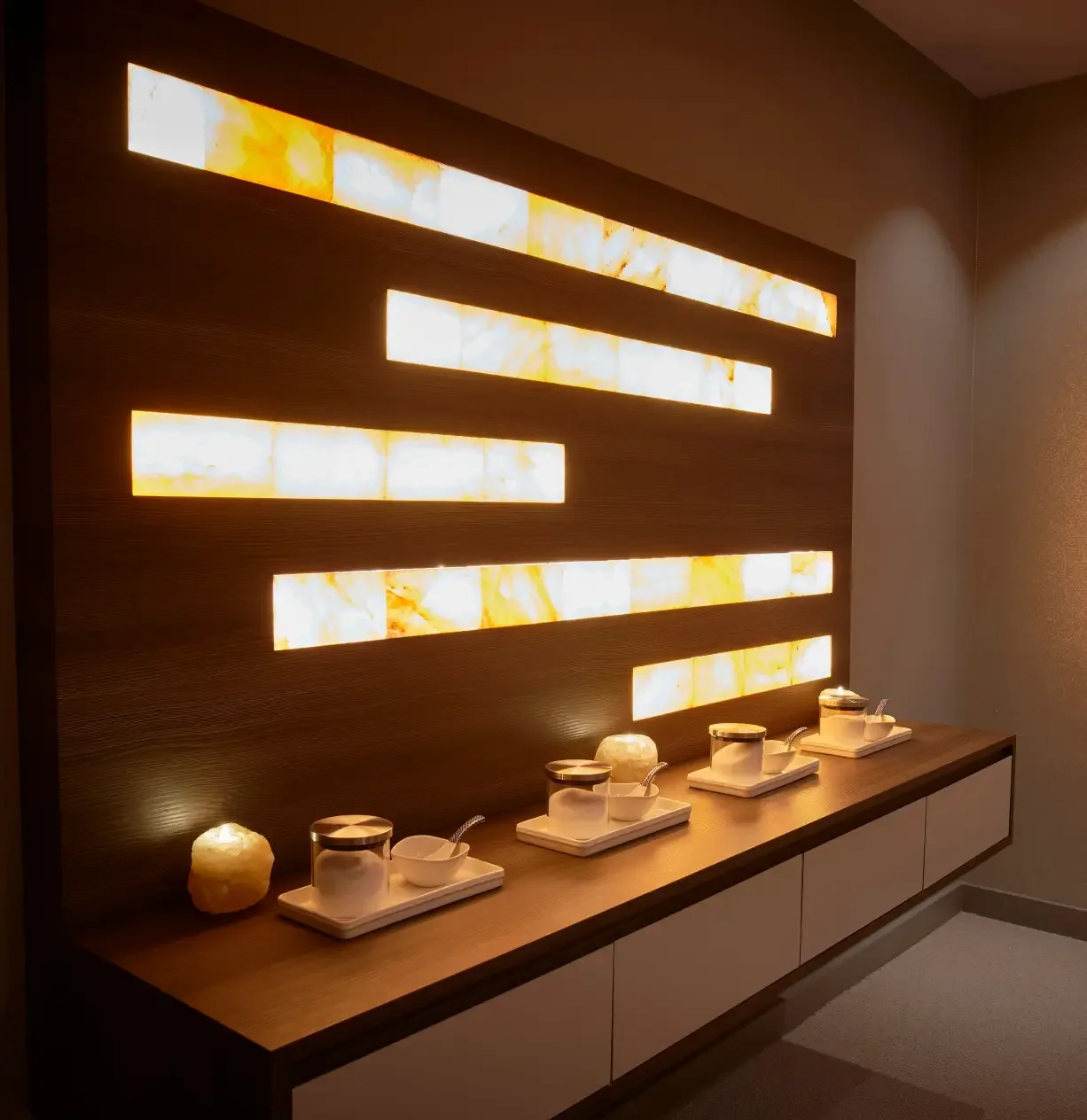 Close-up of illuminated Himalayan salt detailing in the Wellness Spa
