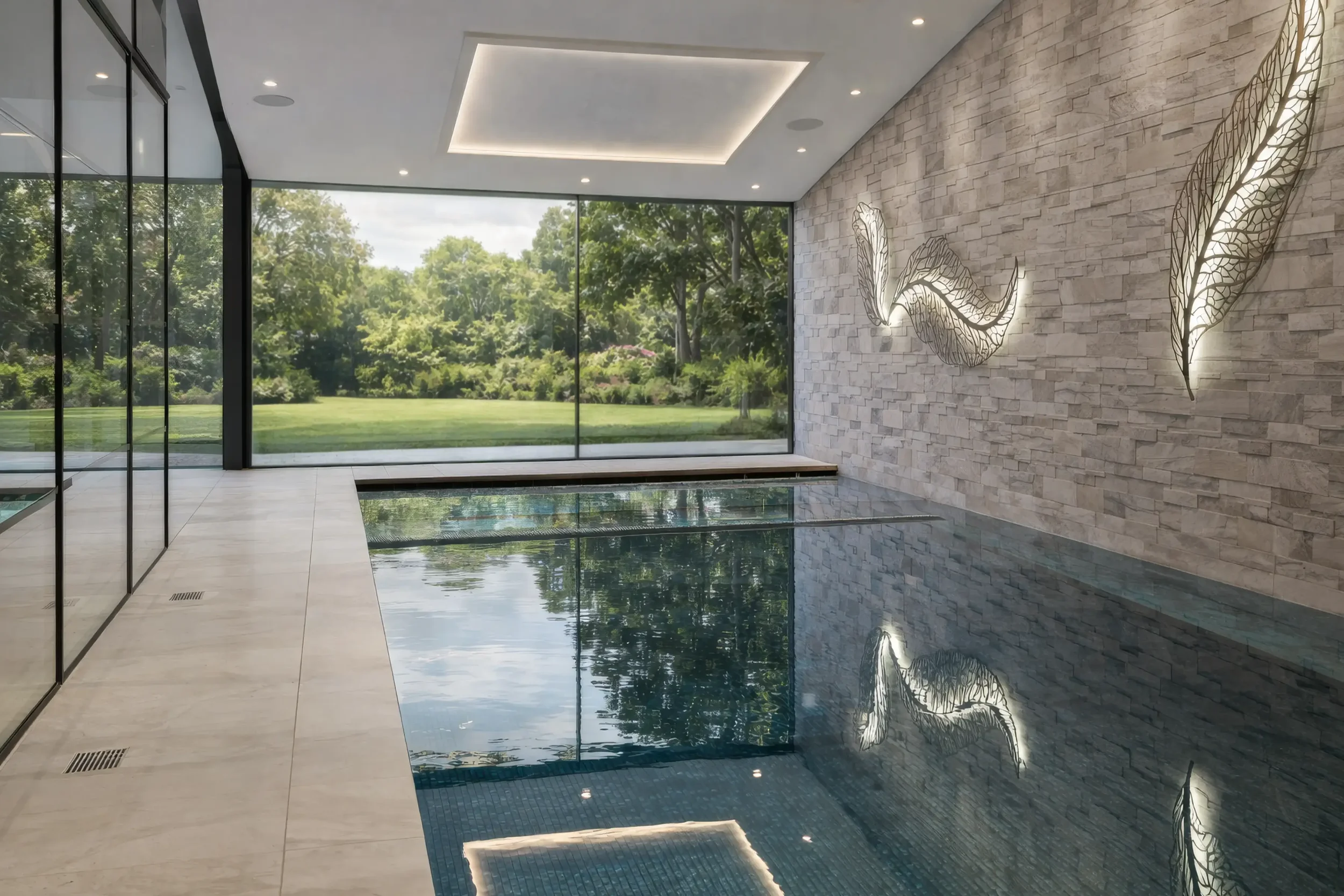 Luxury residential indoor swimming pool in the New Forest with natural stone walls, bespoke illuminated artwork and views across the gardens.