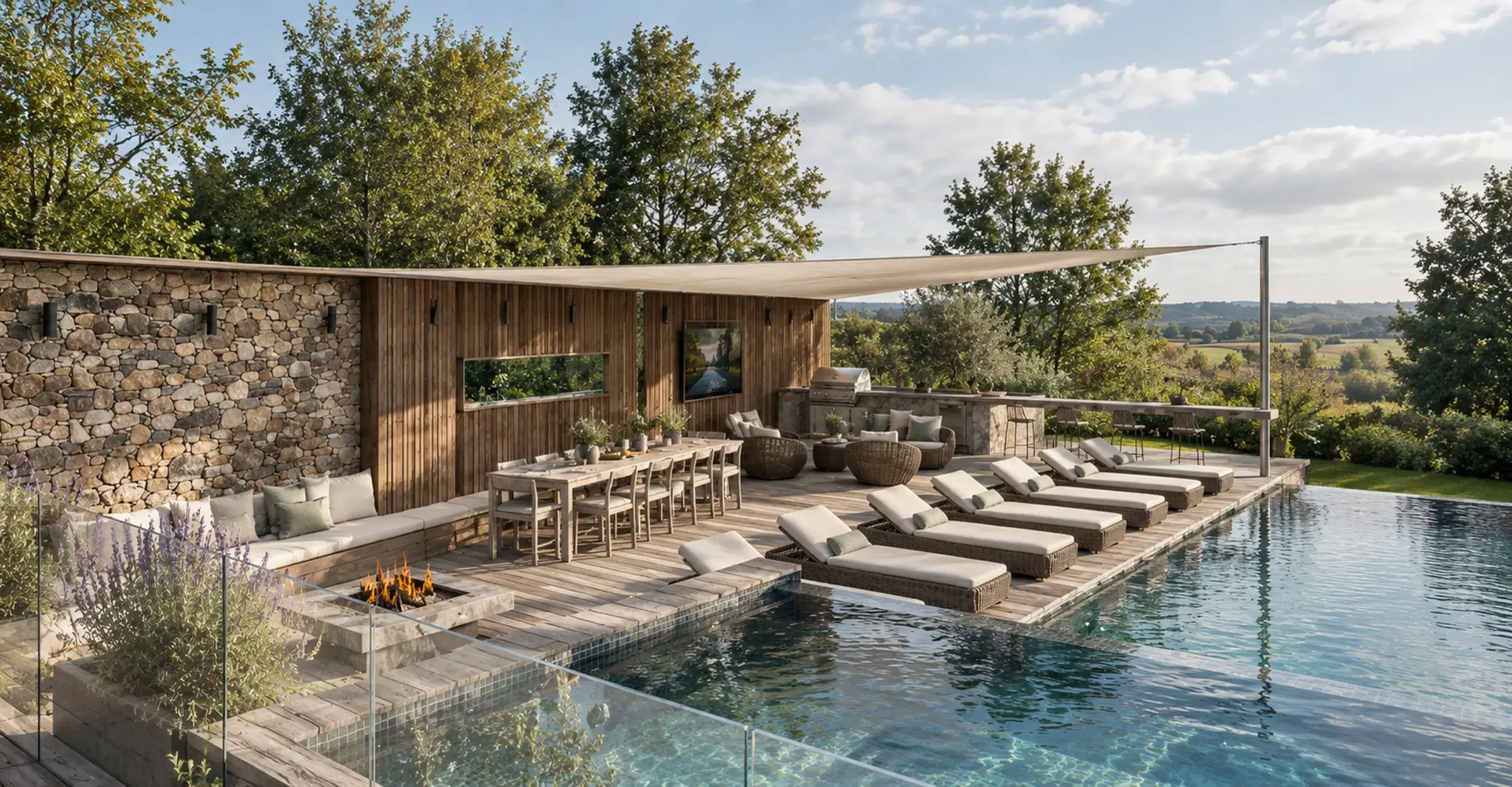 Luxury outdoor swimming and hydrotherapy pool with a landscaped social and relaxation terrace.