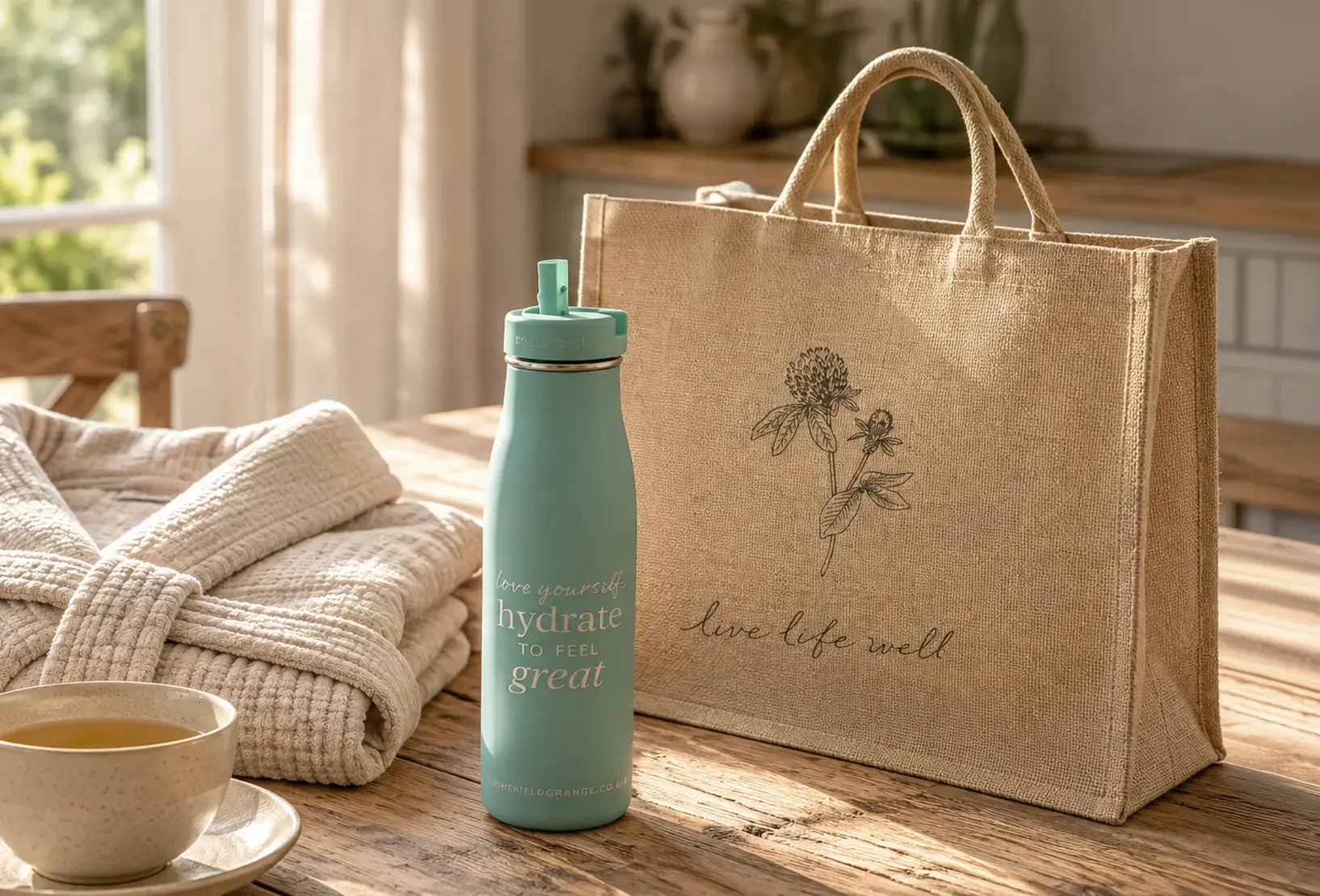 Homefield Grange branded welcome bag for guests’ robes and slippers, alongside a branded reusable water bottle featuring the retreat’s wellness identity.