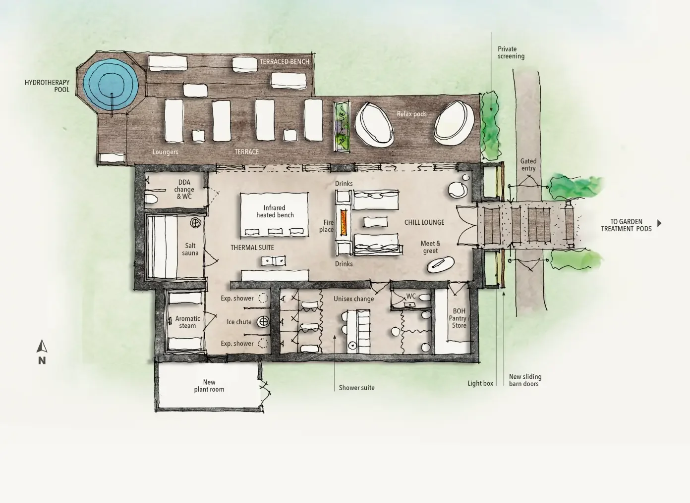 Concept floor plan for the proposed Barn Spa at Lower Mill Estate, connecting treatment and thermal spaces with the landscape.