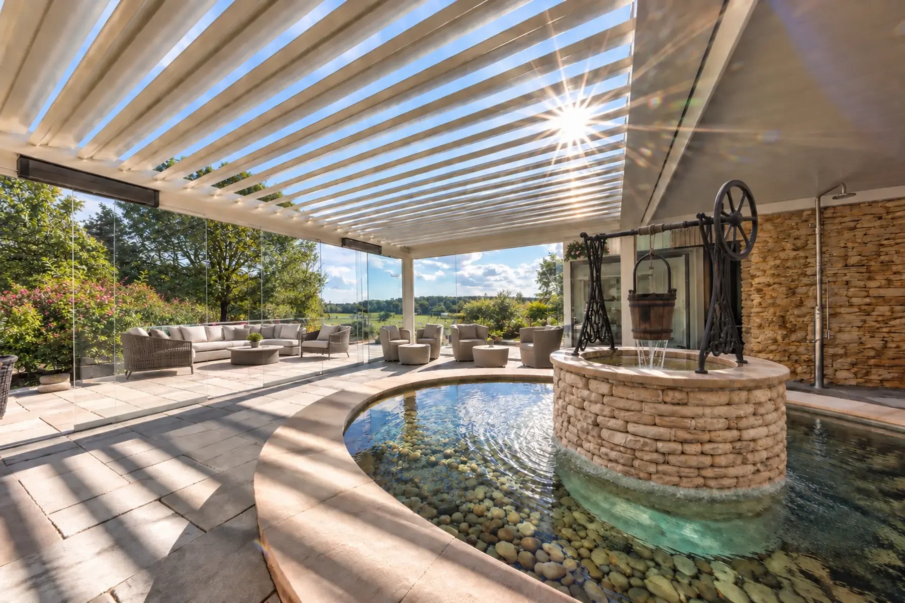Farmhouse Retreat relaxation space with Kneipp pool, cold plunge and restored well feature.