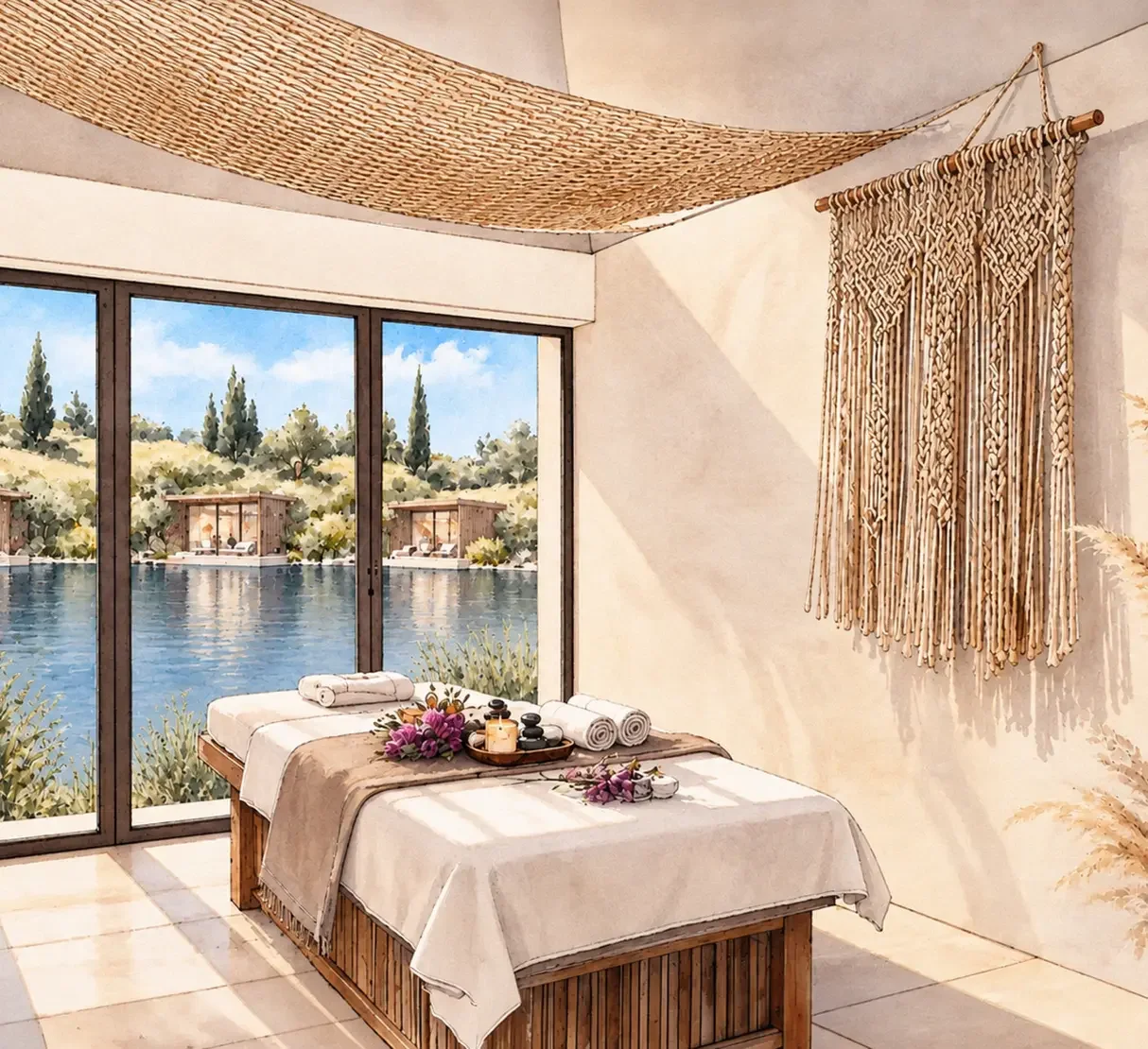 Watercolour concept of a private lakeside treatment pod at Silverlake with views across the water.