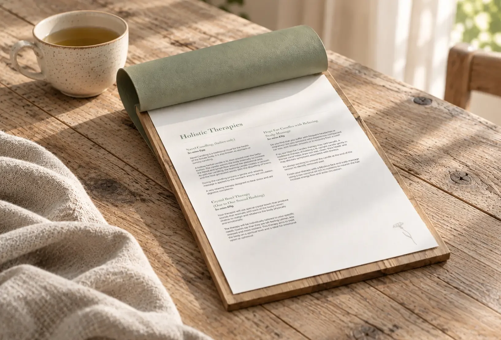 Homefield Grange spa treatment menu featuring understated typography and natural colours, reflecting the wellness retreat’s brand identity.
