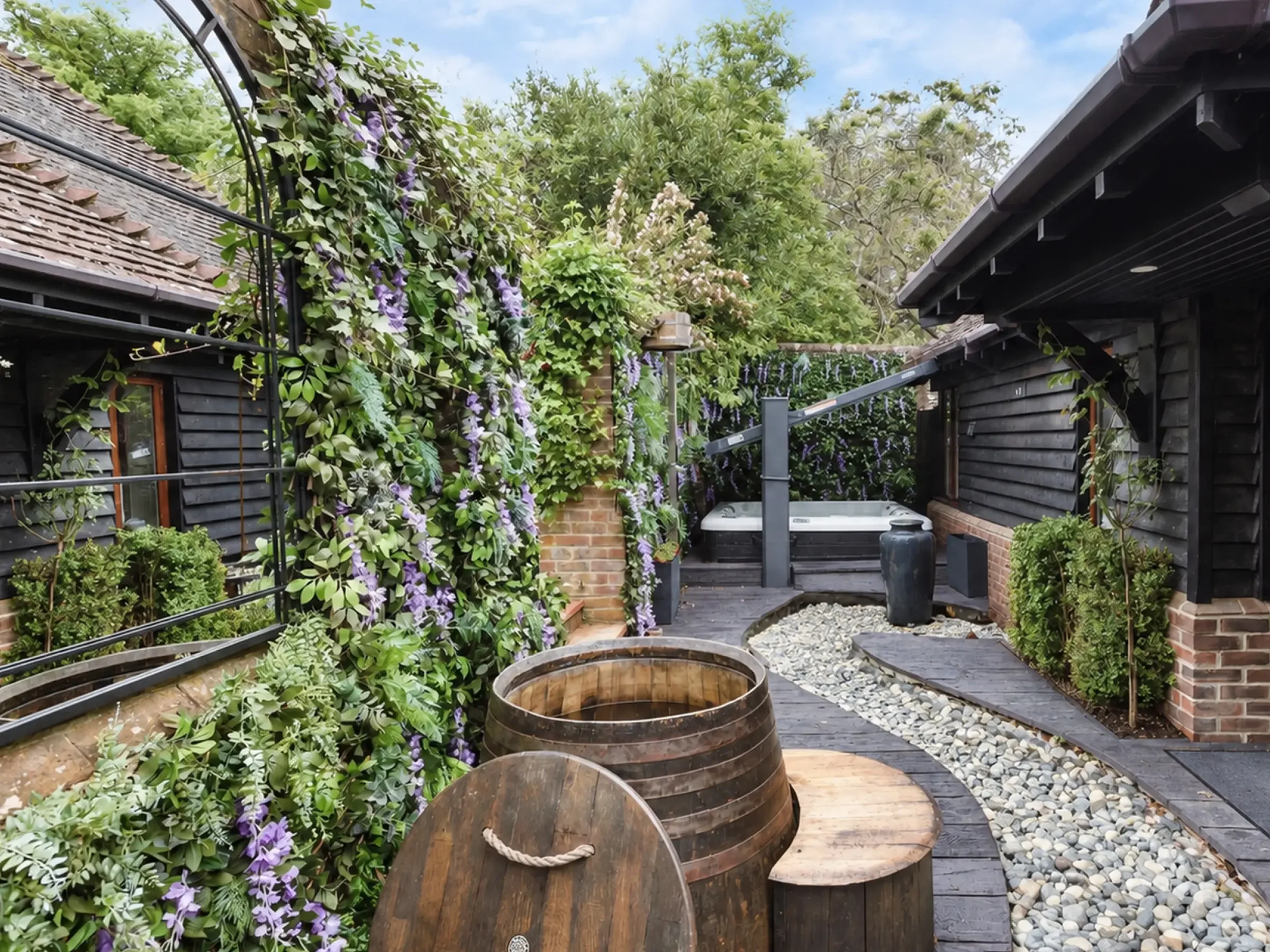 Outdoor thermal garden at Quob Park Rose Spa with hot and cold bathing experiences