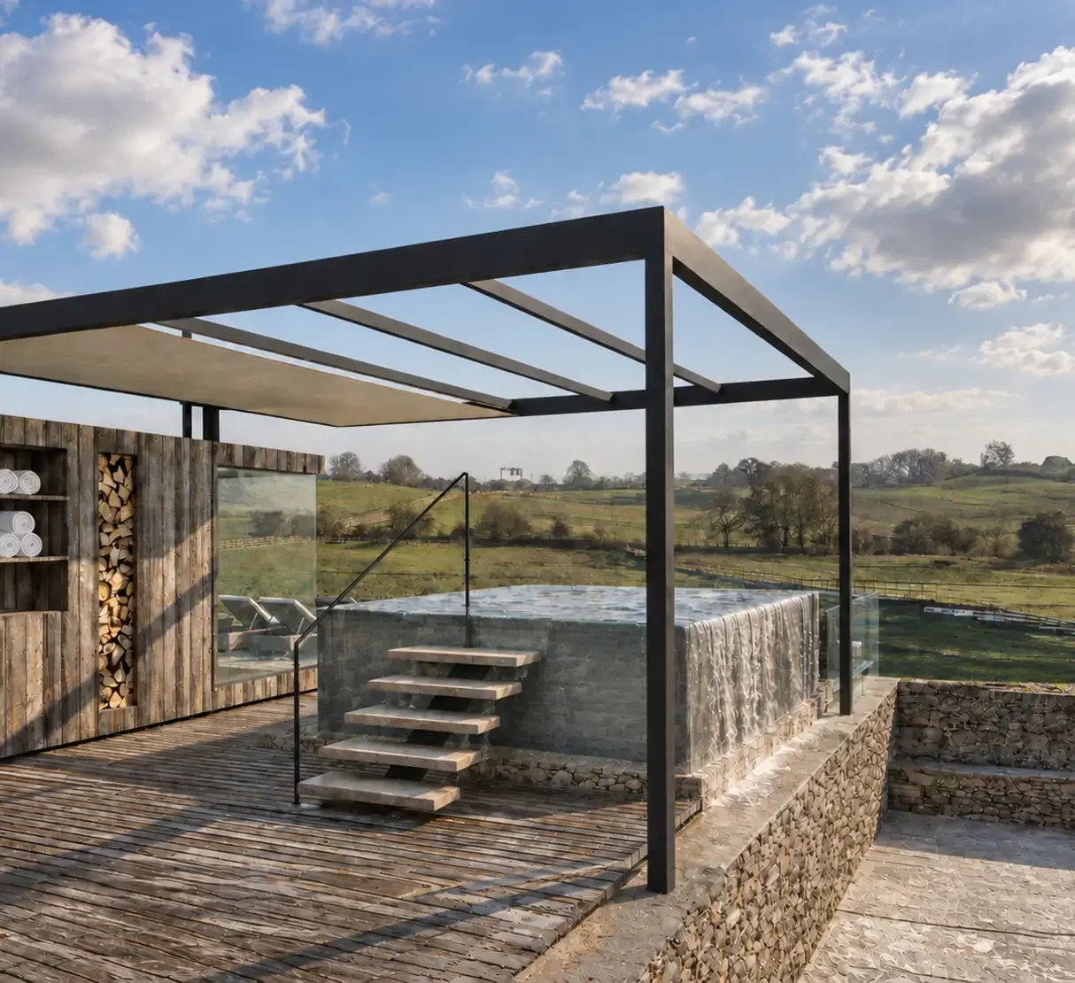 Outdoor spa area at Homefield Grange with hydrotherapy pool, sauna  and countryside views