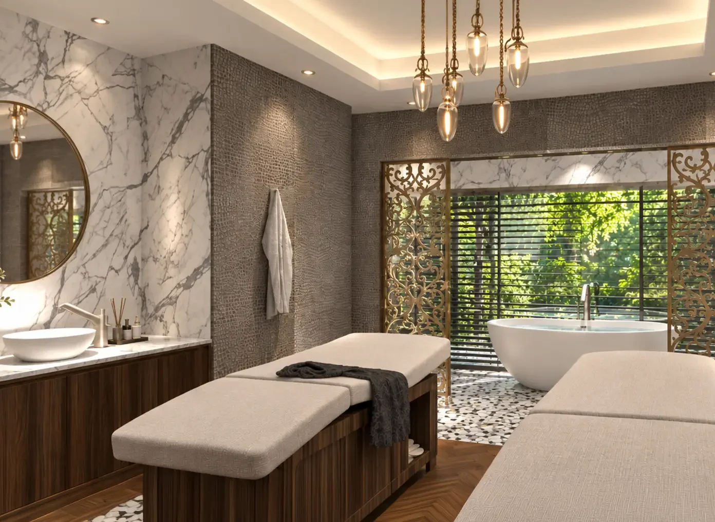 Concept visualisation of the VIP treatment suite at Champneys Henlow with treatment beds, freestanding bath and garden views.