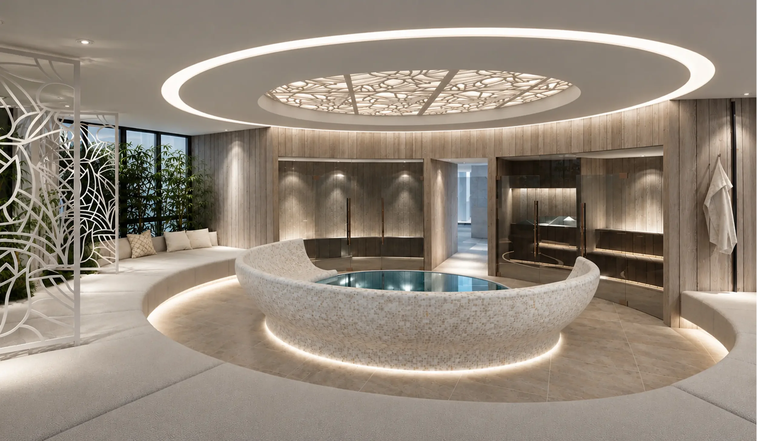 Modern indoor spa with a round hot tub, plush seating, and decorative ceiling lighting.