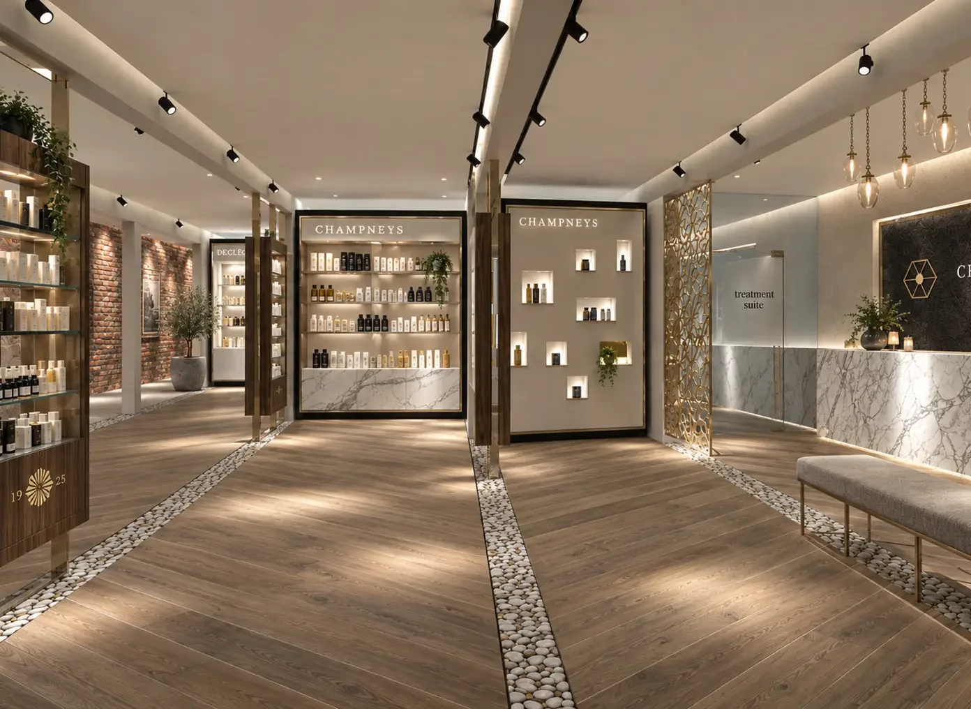 Concept visualisation of The Marketplace at Champneys Henlow with retail displays, seating and reception areas.
