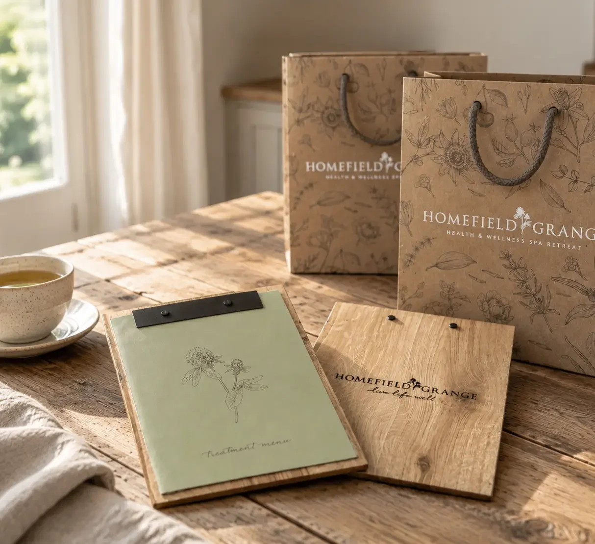 Homefield Grange branded gift bag and treatment menu, designed to create a consistent visual identity throughout the guest experience