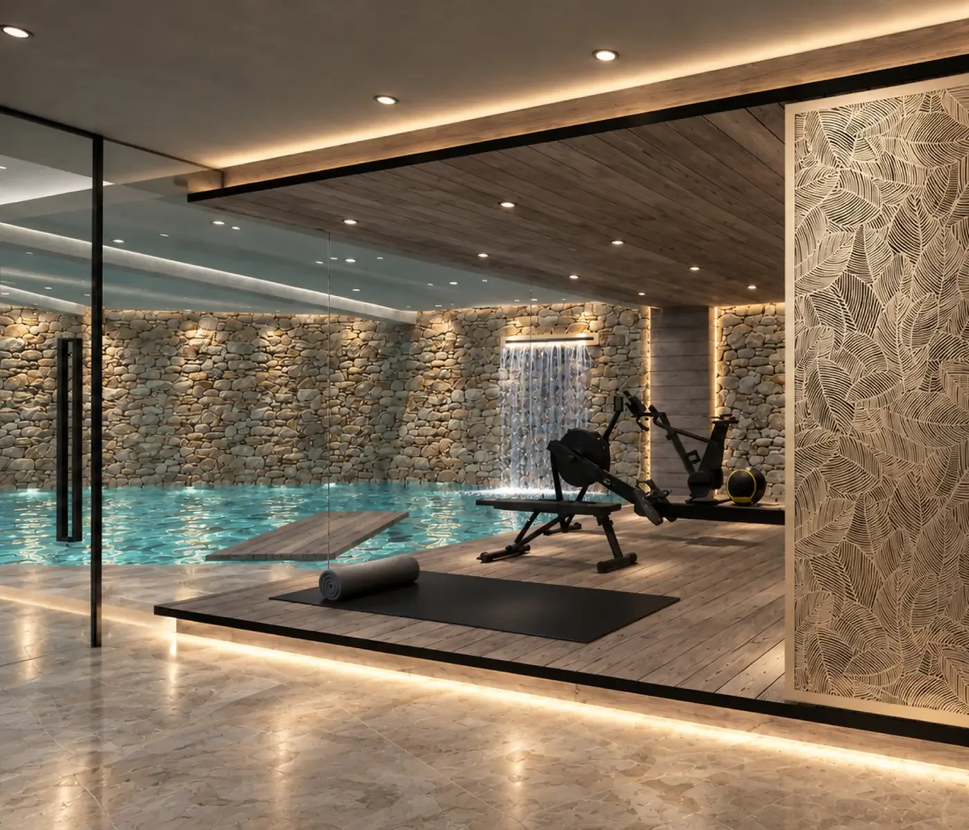 Luxury private residential gym overlooking the indoor swimming pool and hydrotherapy spa.