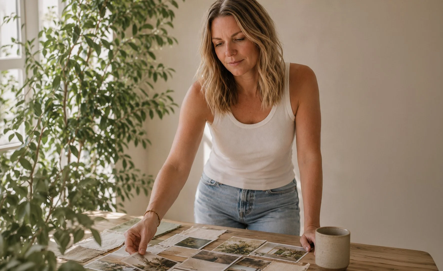 Caroline King, working on material and mood boards for clients at Butterscotch Design.