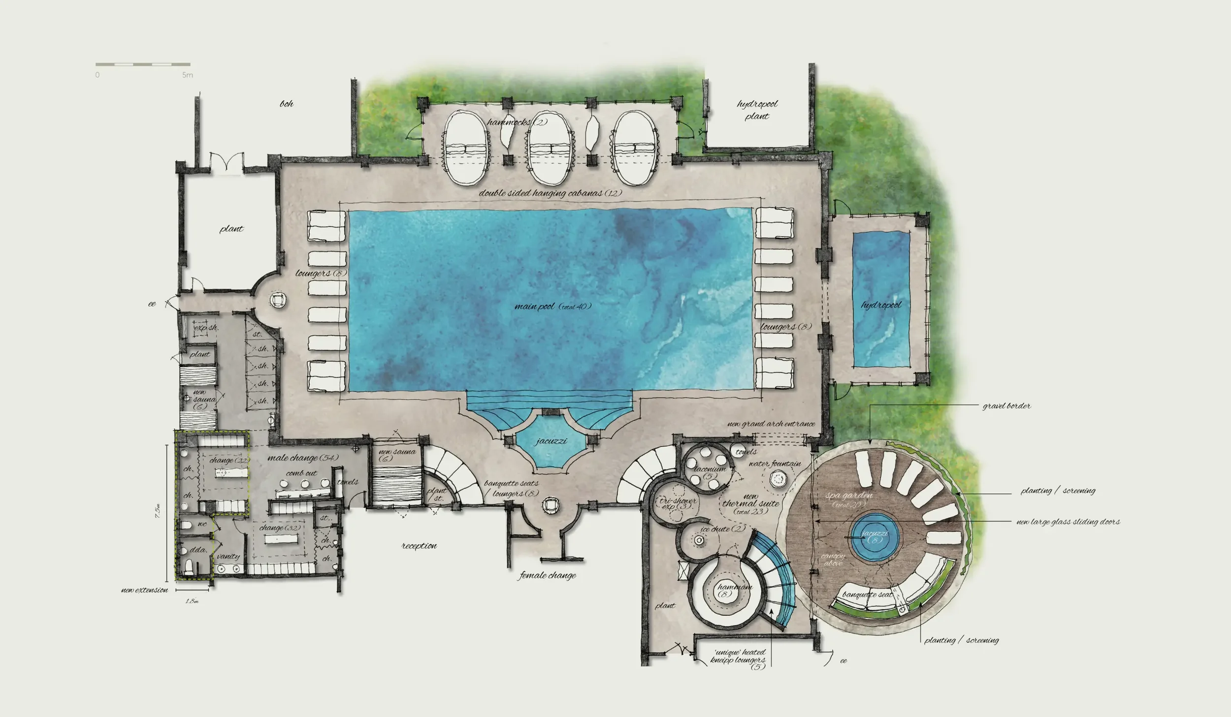 Spa design plan for the pool hall, thermal experiences and spa garden at Champneys Henlow