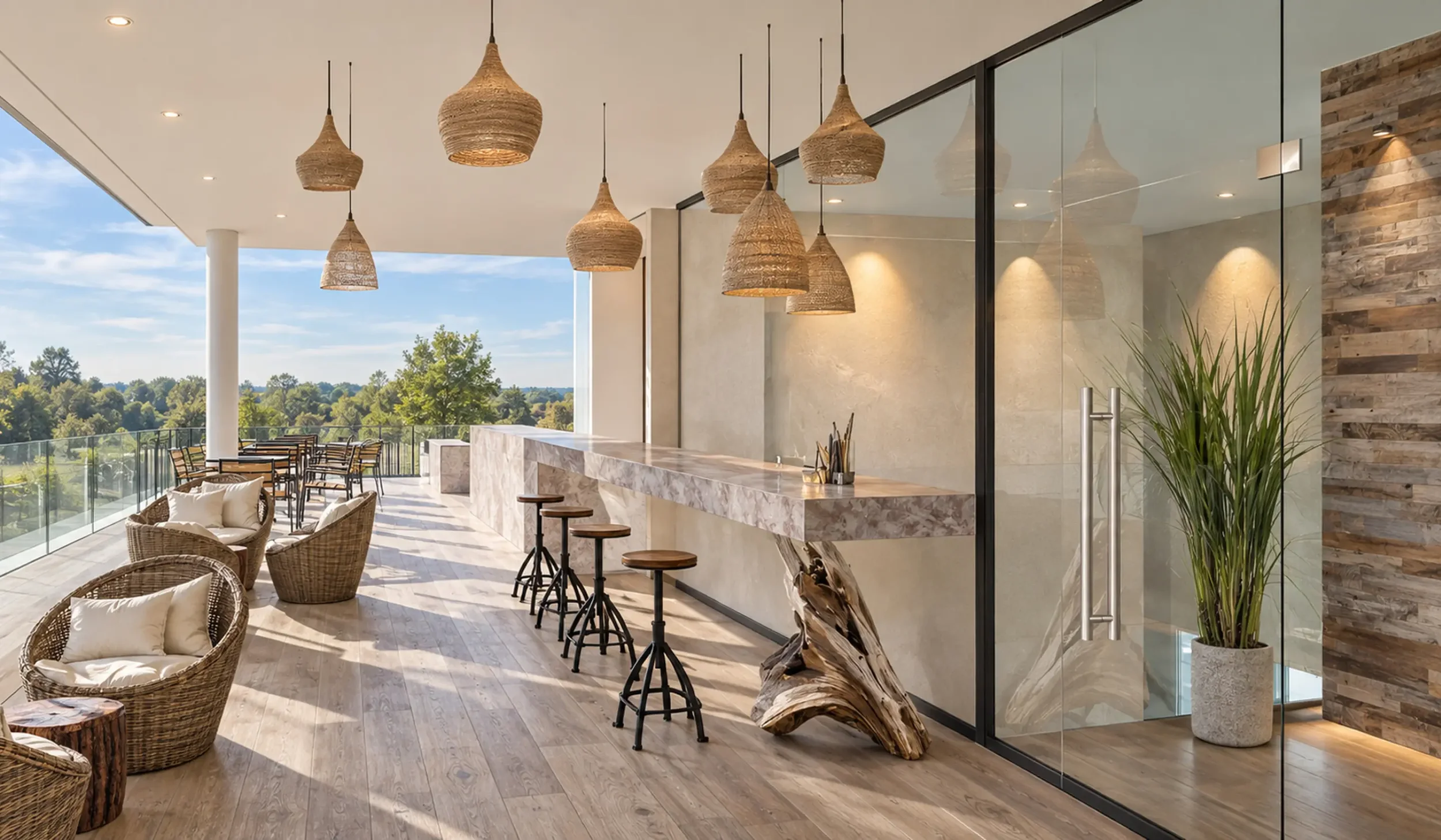Covered terrace and dining area at Silverlake Spa with seating overlooking the surrounding Dorset lakes and landscape.