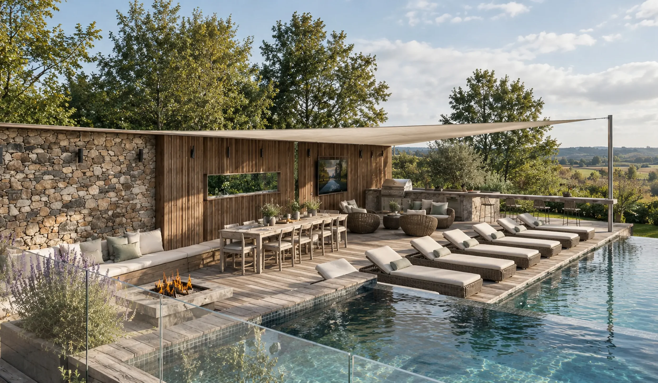 Architectural visualisation of a luxury outdoor wellness retreat in the New Forest, featuring an infinity-edge swimming pool, hydropool and landscaped relaxation terrace overlooking the countryside.