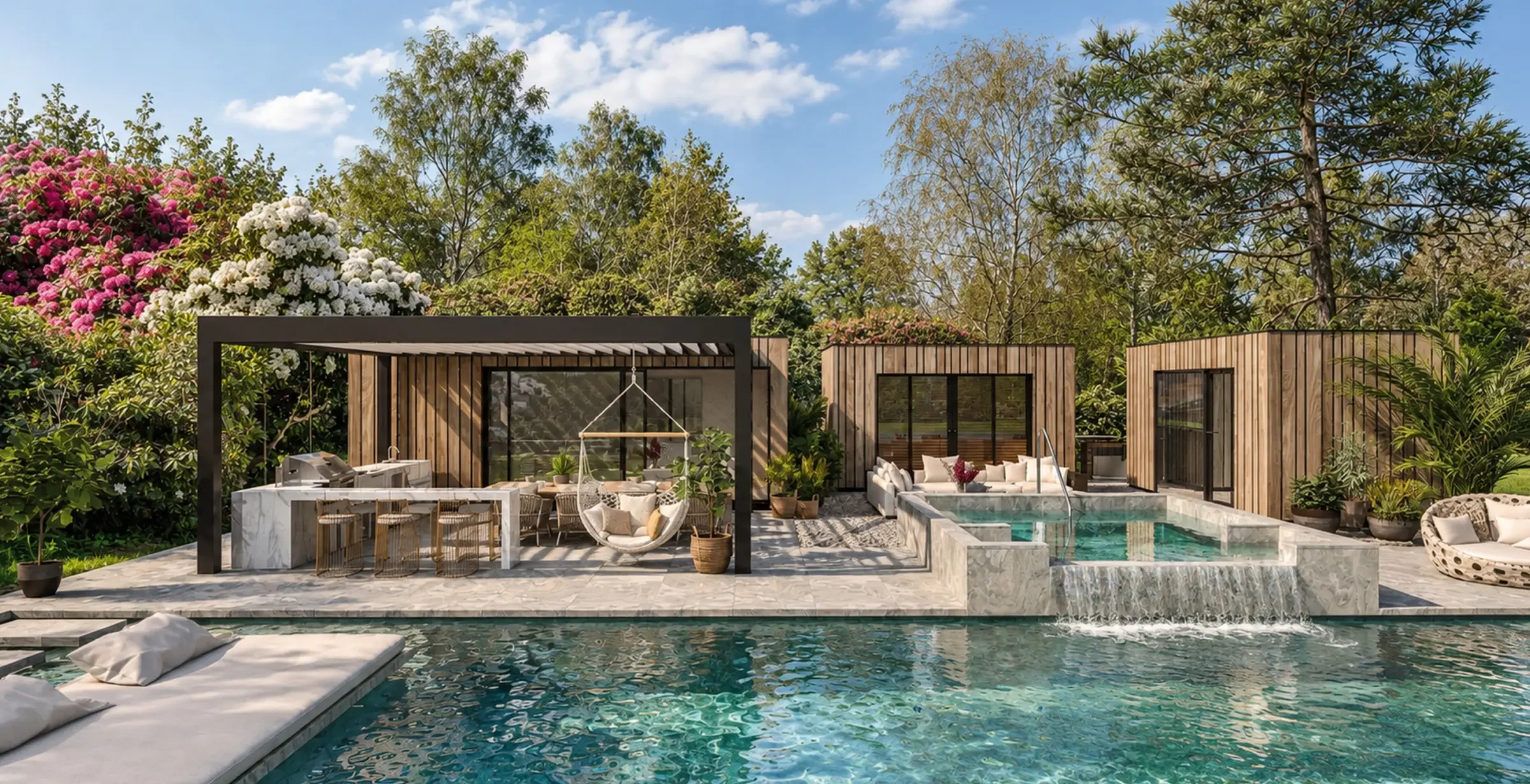 Private residential outdoor entertaining and relaxation space overlooking the pool and landscaped gardens.