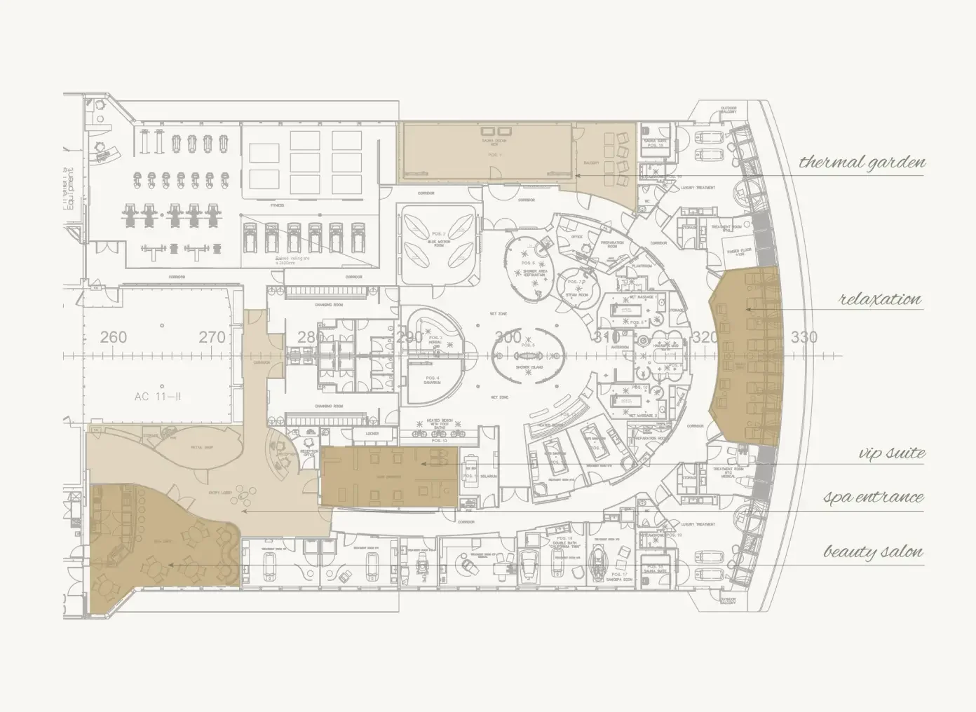 General arrangement plan of the Marella Explorer spa, highlighting the areas developed as part of the refurbishment.