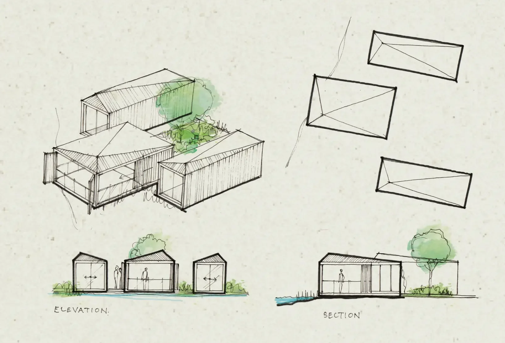 Early architectural sketches exploring the pod structures within the Silverlake landscape.